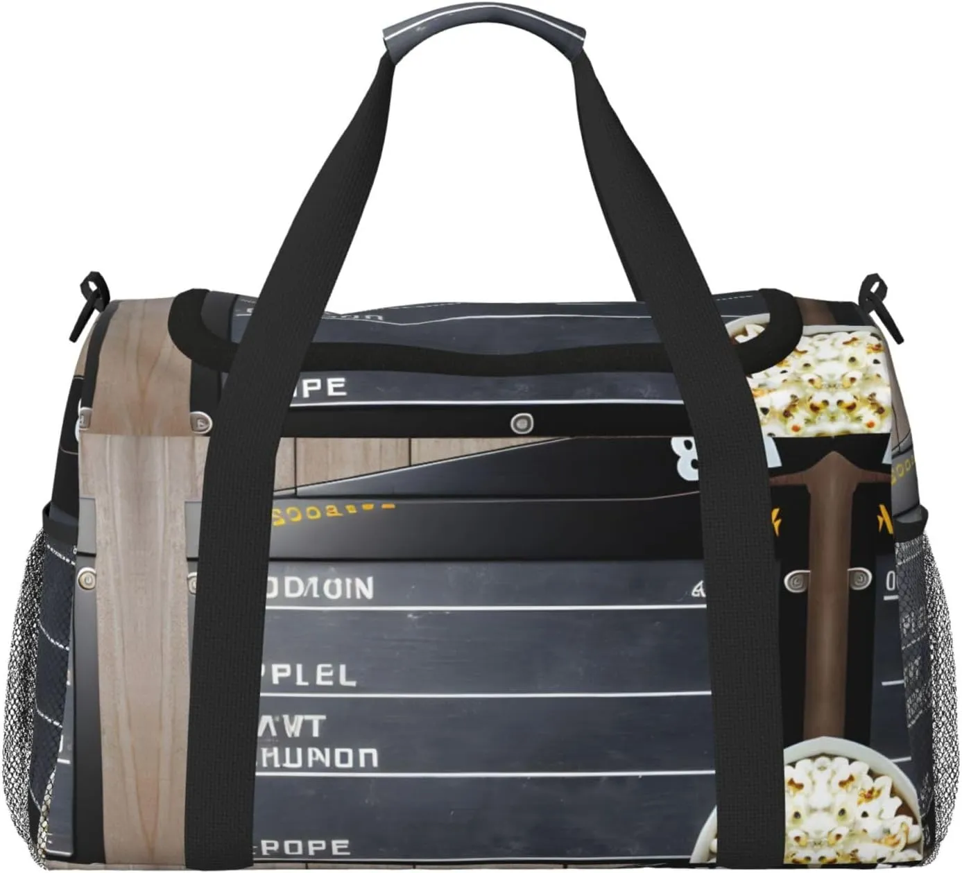Cinema Movie Clapboard And Popcorn Travel Tote Bag â€“ Large Reusable Shopping Bag, Vacation Tote, Sports Duffel Bag with Adjustable Crossbody Strap