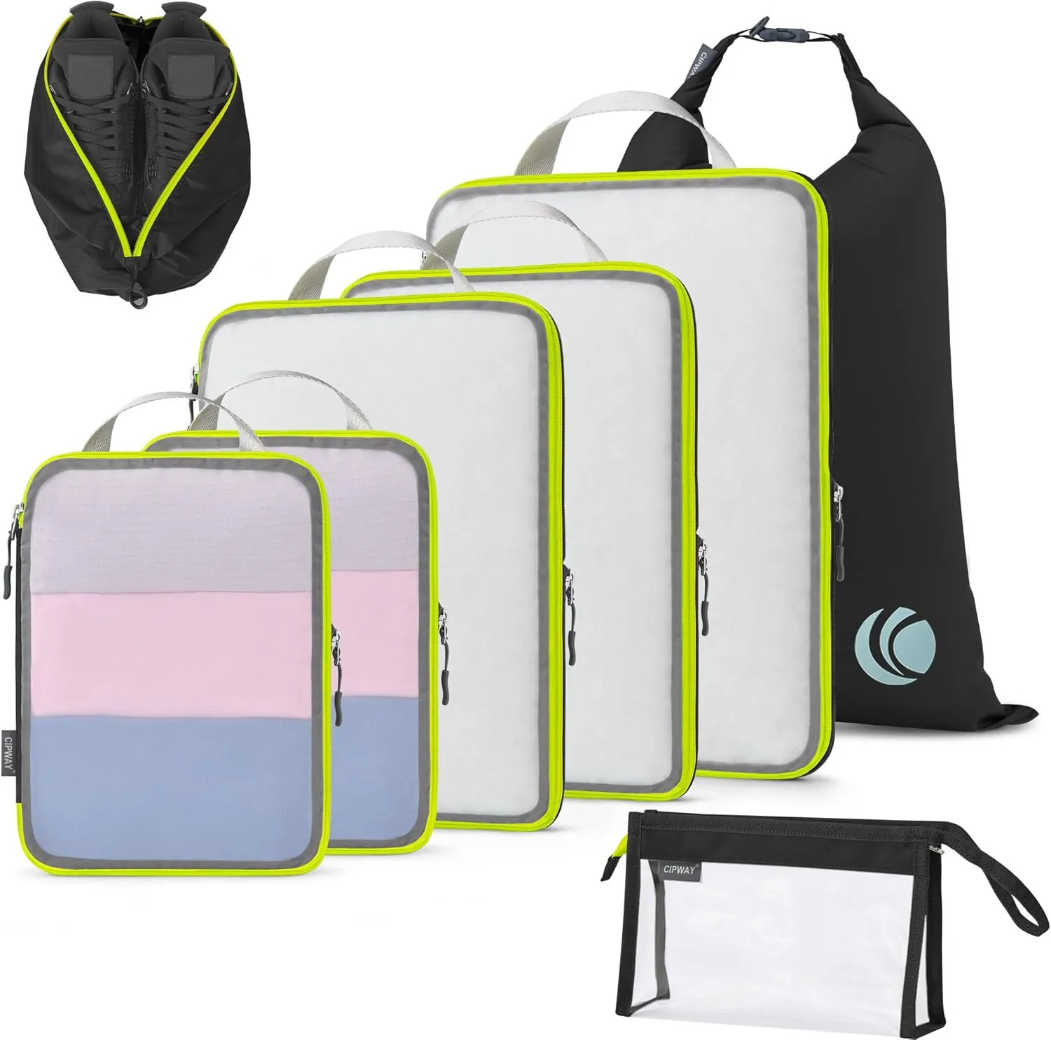 Cipway Compression Packing Cubes Mesh, Lightweight Luggage Organizer Bags with Laundry Bag, Toiletries Bag and Shoe Bag, Travel Essentials for Carry on Suitcase（8 Pcs,Black）