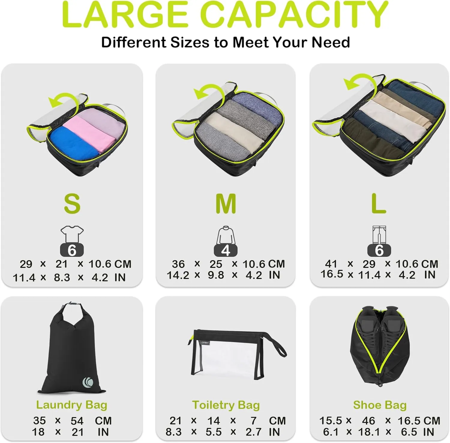 Cipway Compression Packing Cubes Mesh, Lightweight Luggage Organizer Bags with Laundry Bag, Toiletries Bag and Shoe Bag, Travel Essentials for Carry on Suitcase（8 Pcs,Black）