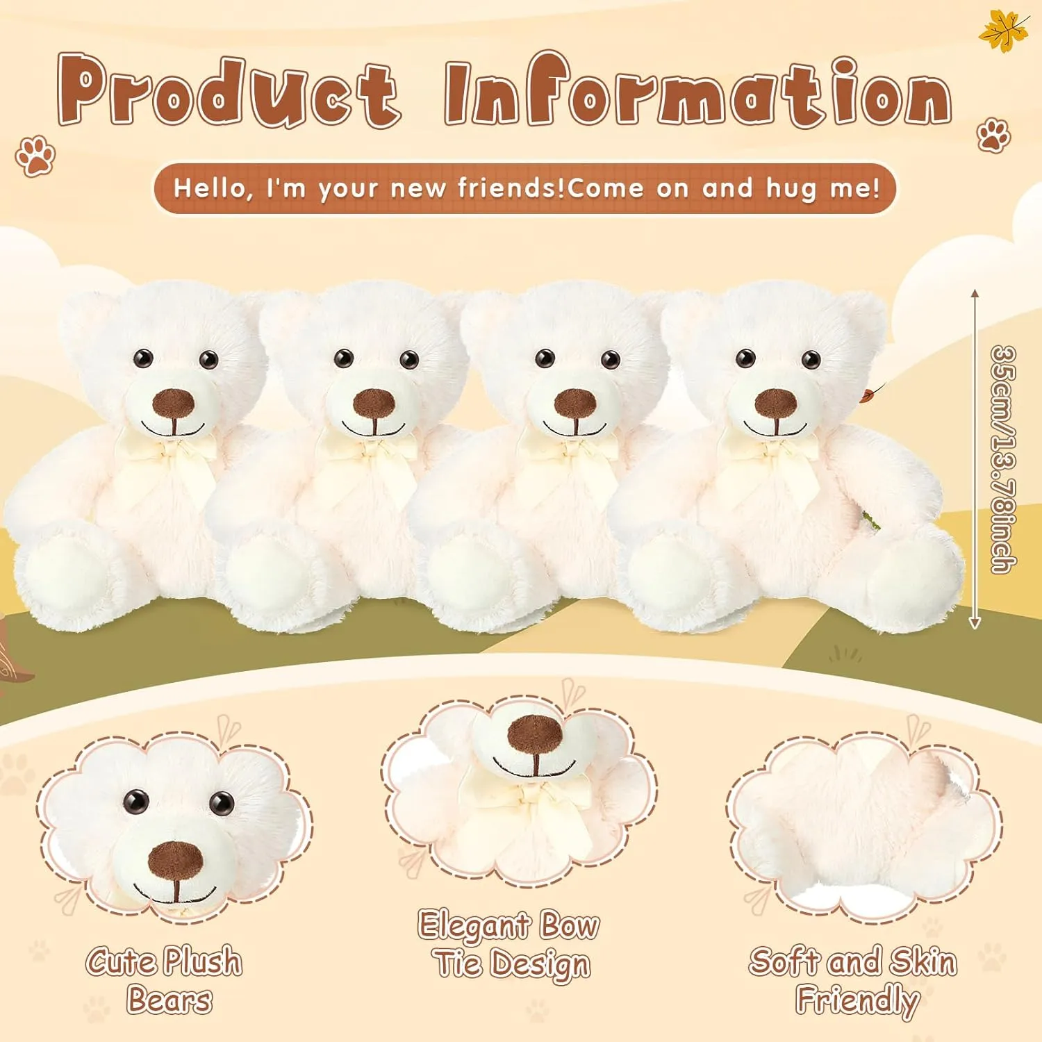 Civaner 4 Pack 14 Inches Bear Plush Stuffed Animals Cute Soft Bears Gifts Bulk for Adults (White)