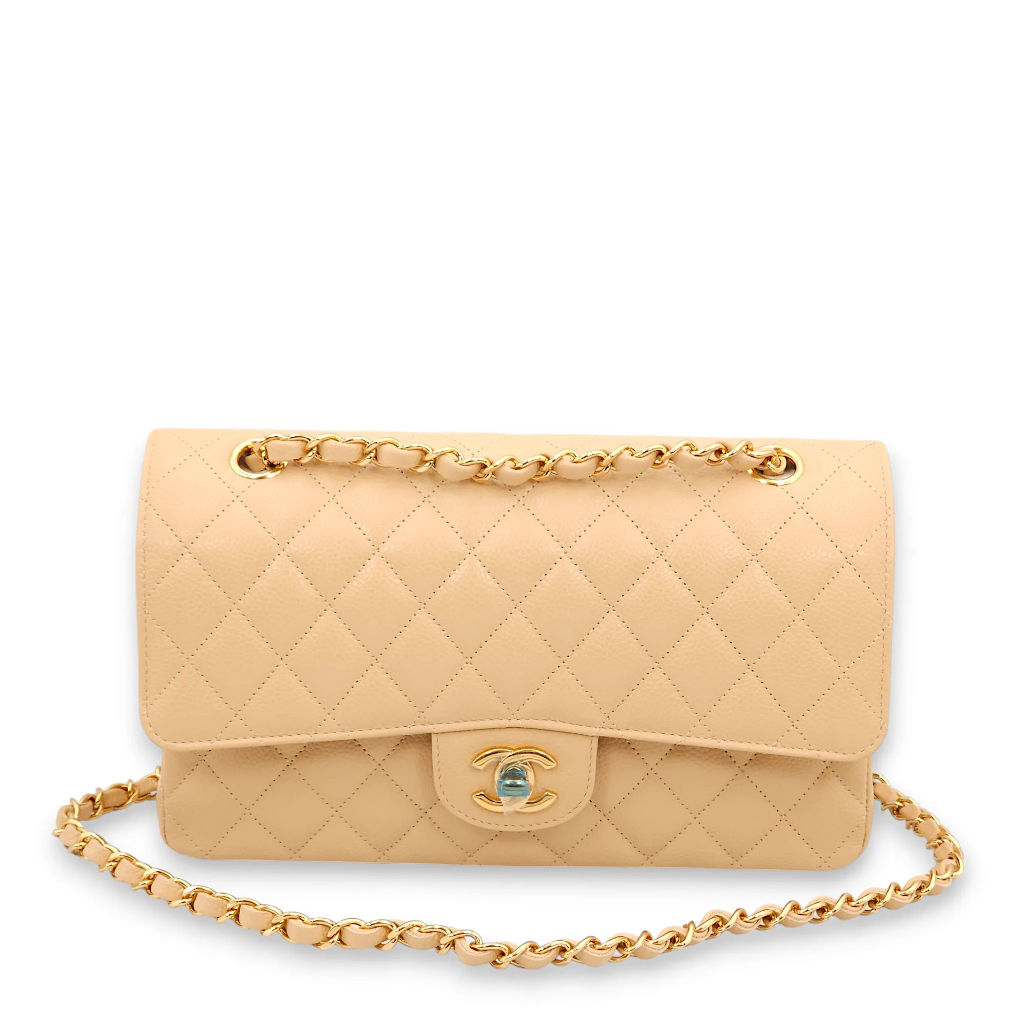 Classic Double Flap Medium Beige Shoulder Bag in Caviar Leather, Gold hardware