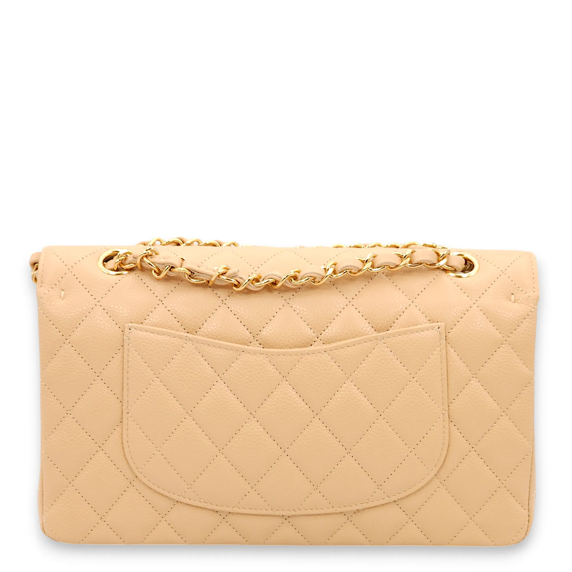 Classic Double Flap Medium Beige Shoulder Bag in Caviar Leather, Gold hardware