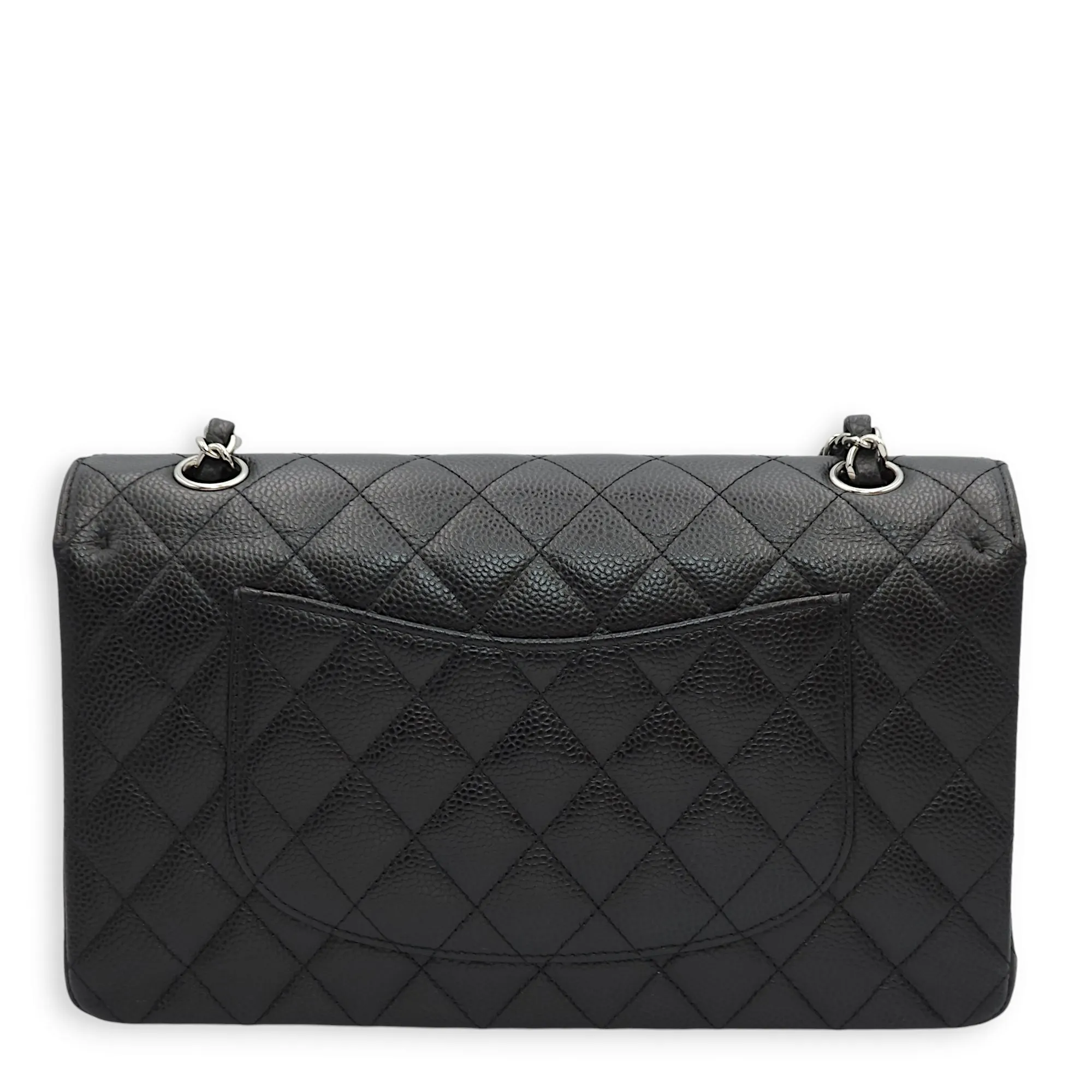 Classic Double Flap Medium Black Shoulder Bag in Caviar Leather, Silver hardware