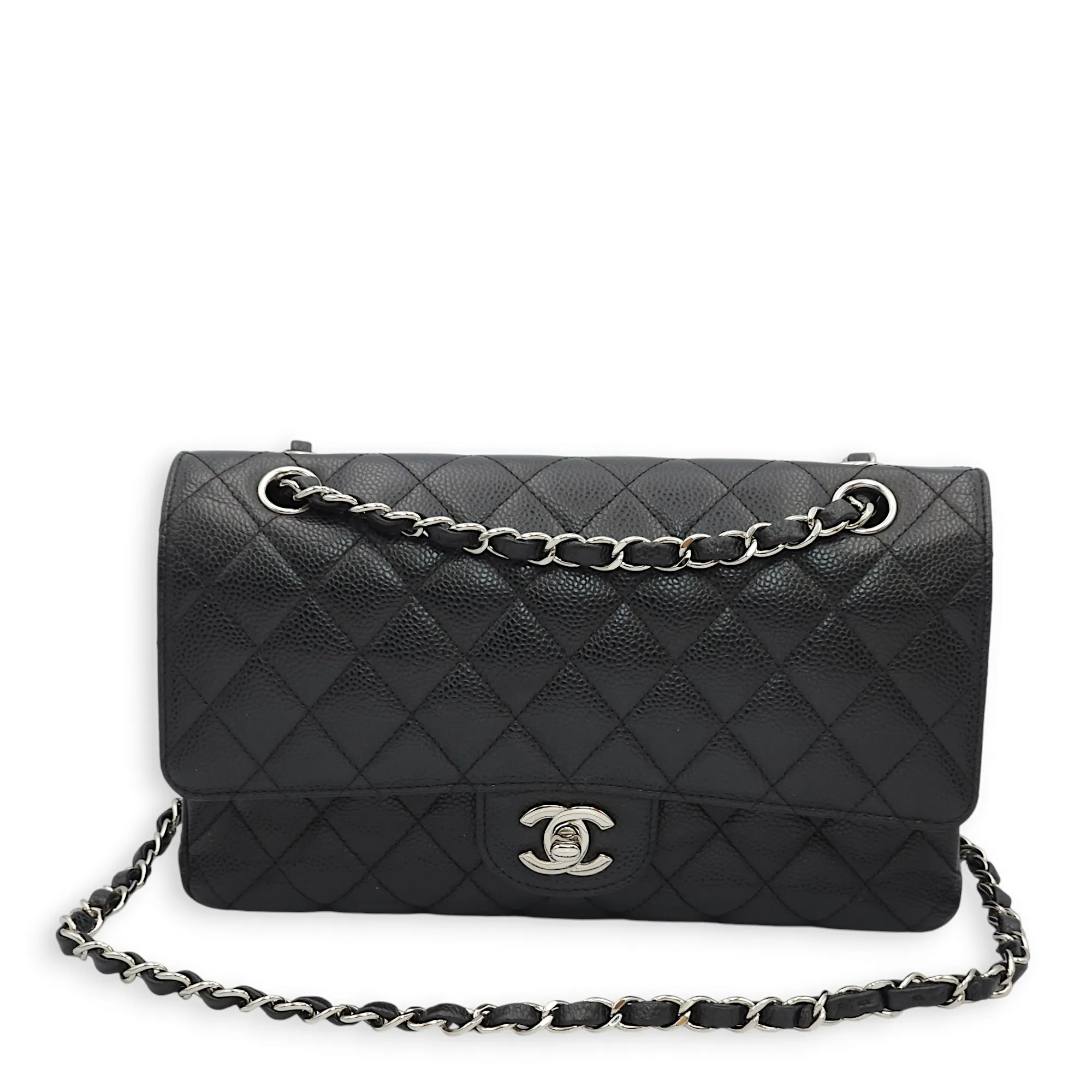 Classic Double Flap Medium Black Shoulder Bag in Caviar Leather, Silver hardware