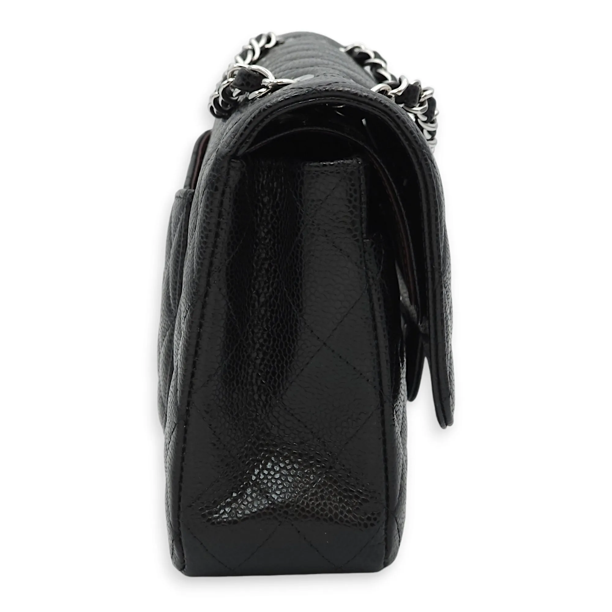 Classic Double Flap Medium Black Shoulder Bag in Caviar Leather, Silver hardware