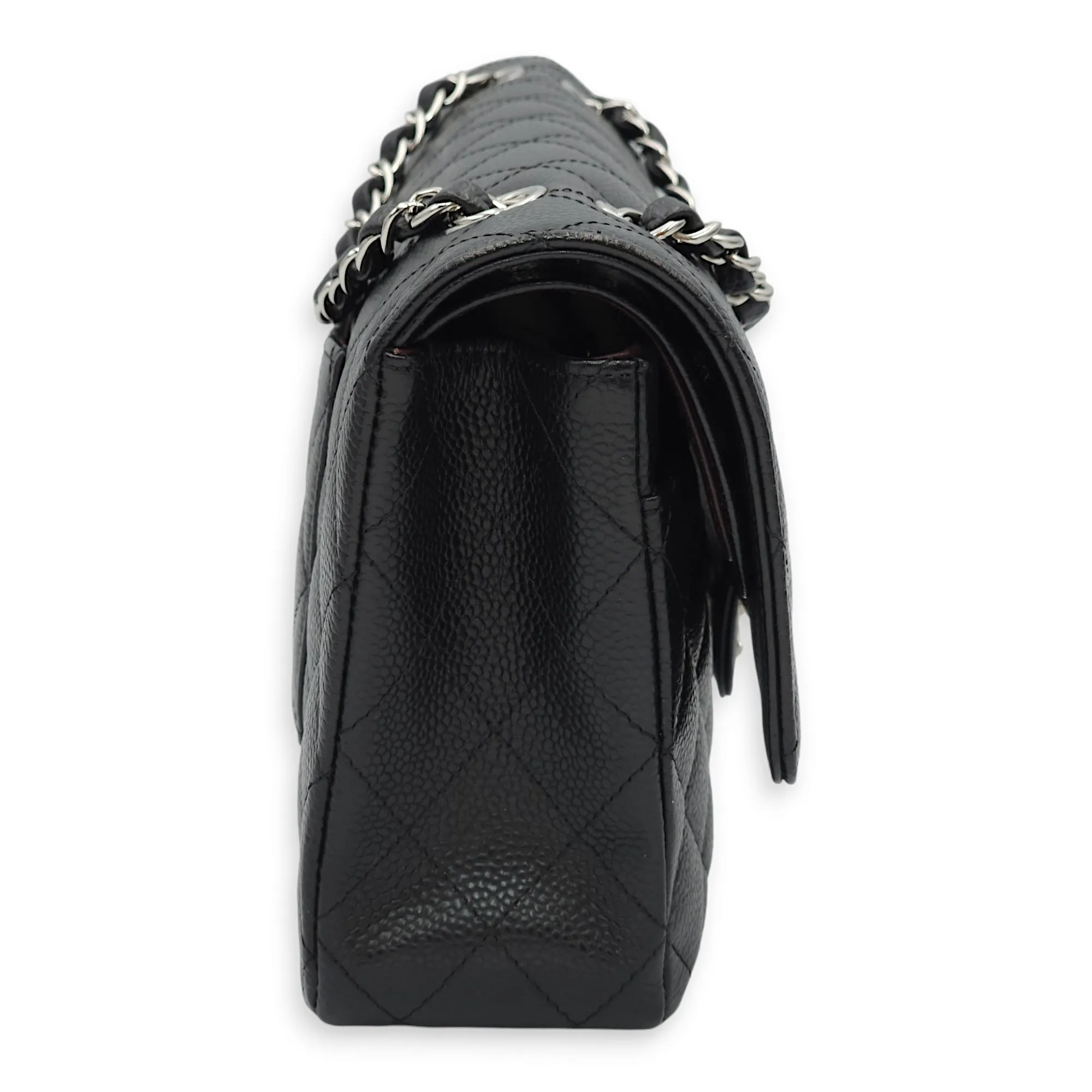 Classic Double Flap Medium Black Shoulder Bag in Caviar Leather, Silver hardware