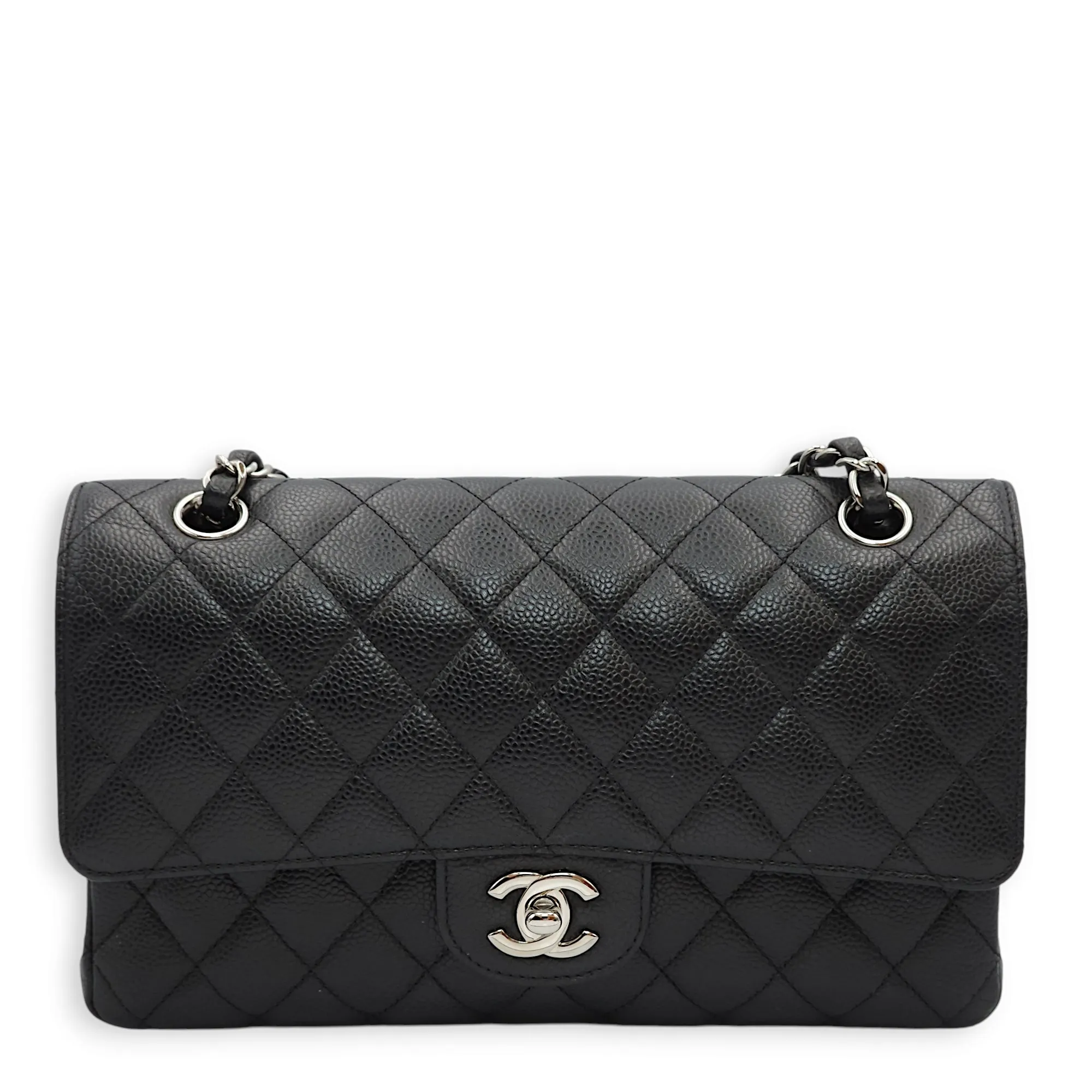 Classic Double Flap Medium Black Shoulder Bag in Caviar Leather, Silver hardware
