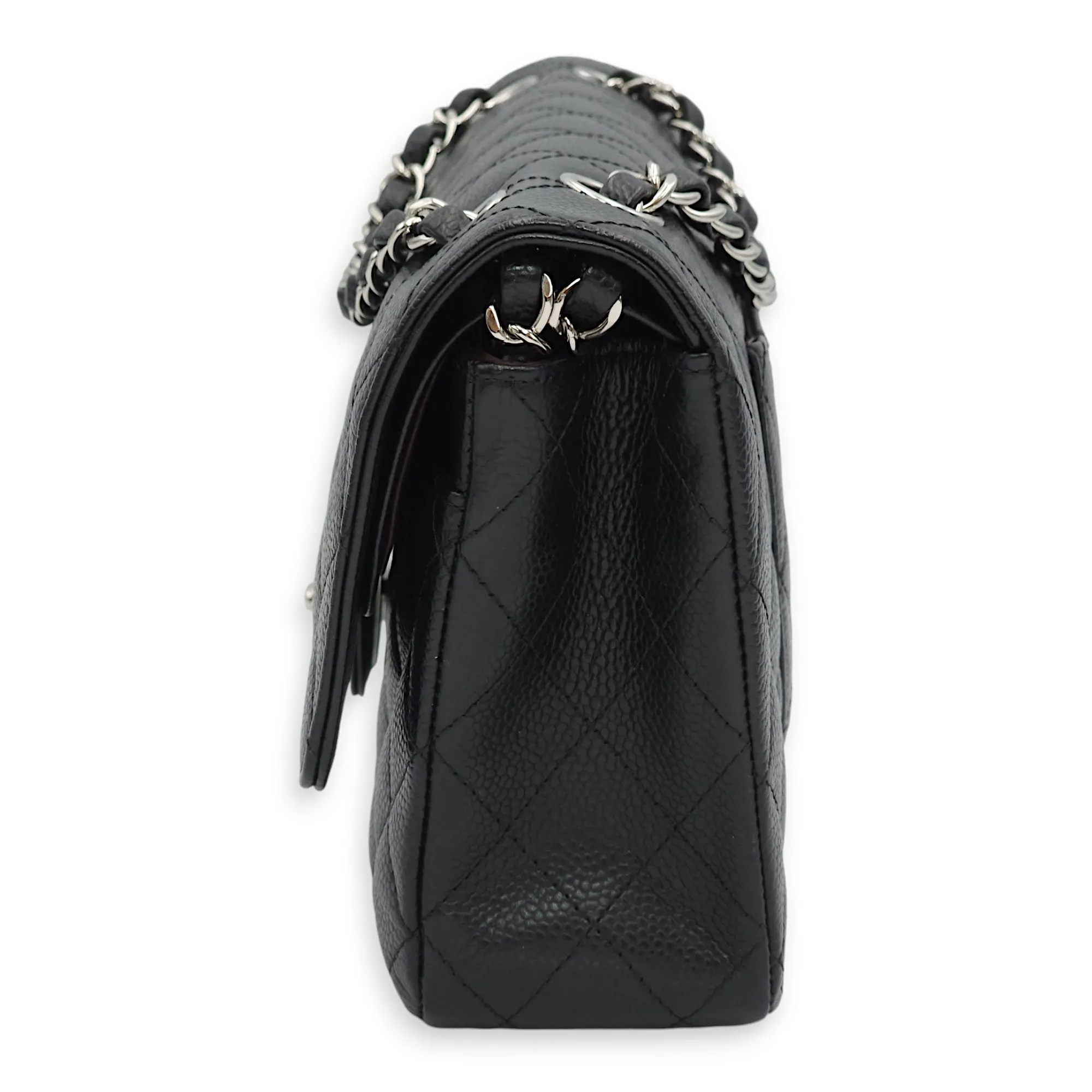 Classic Double Flap Medium Black Shoulder Bag in Caviar Leather, Silver hardware