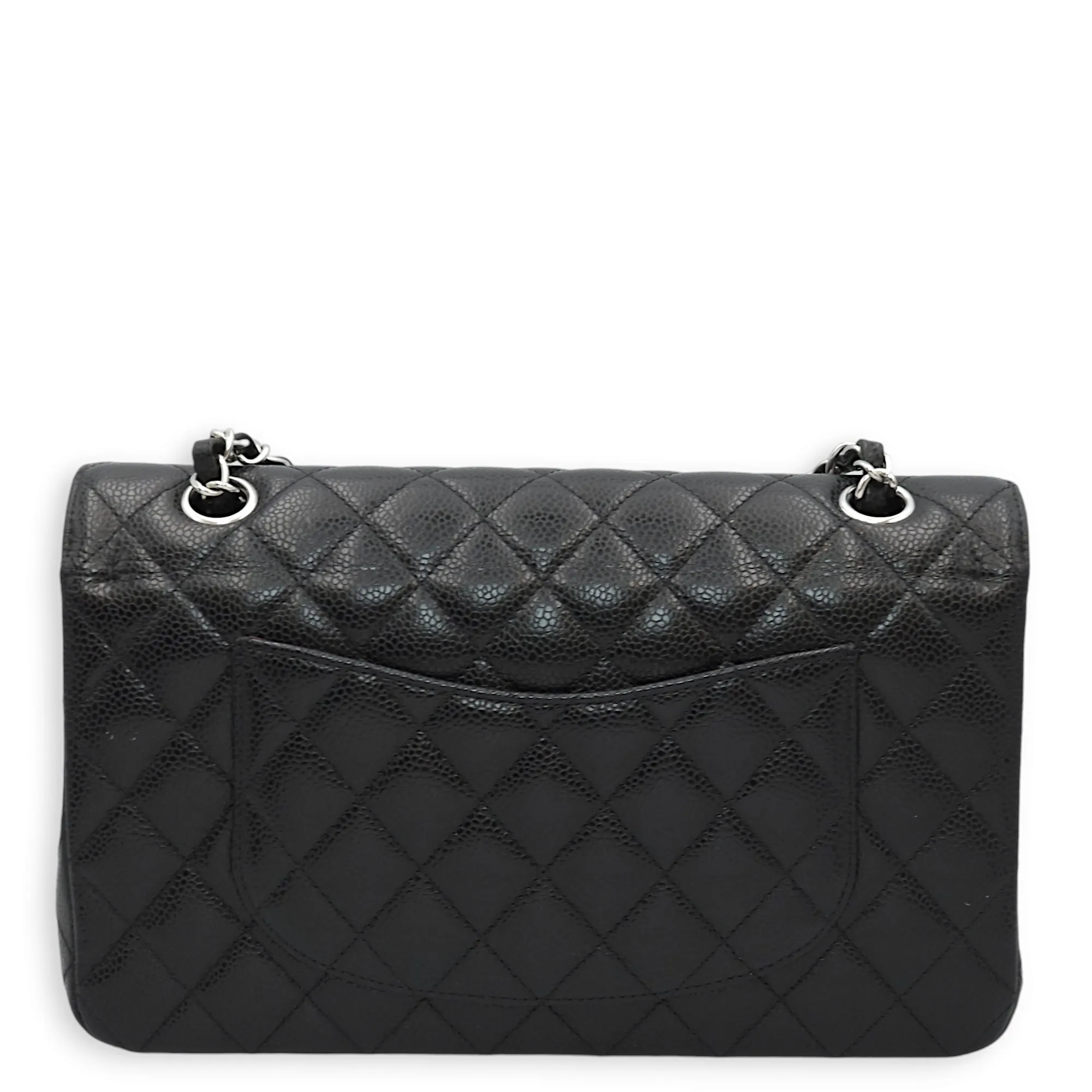Classic Double Flap Medium Black Shoulder Bag in Caviar Leather, Silver hardware