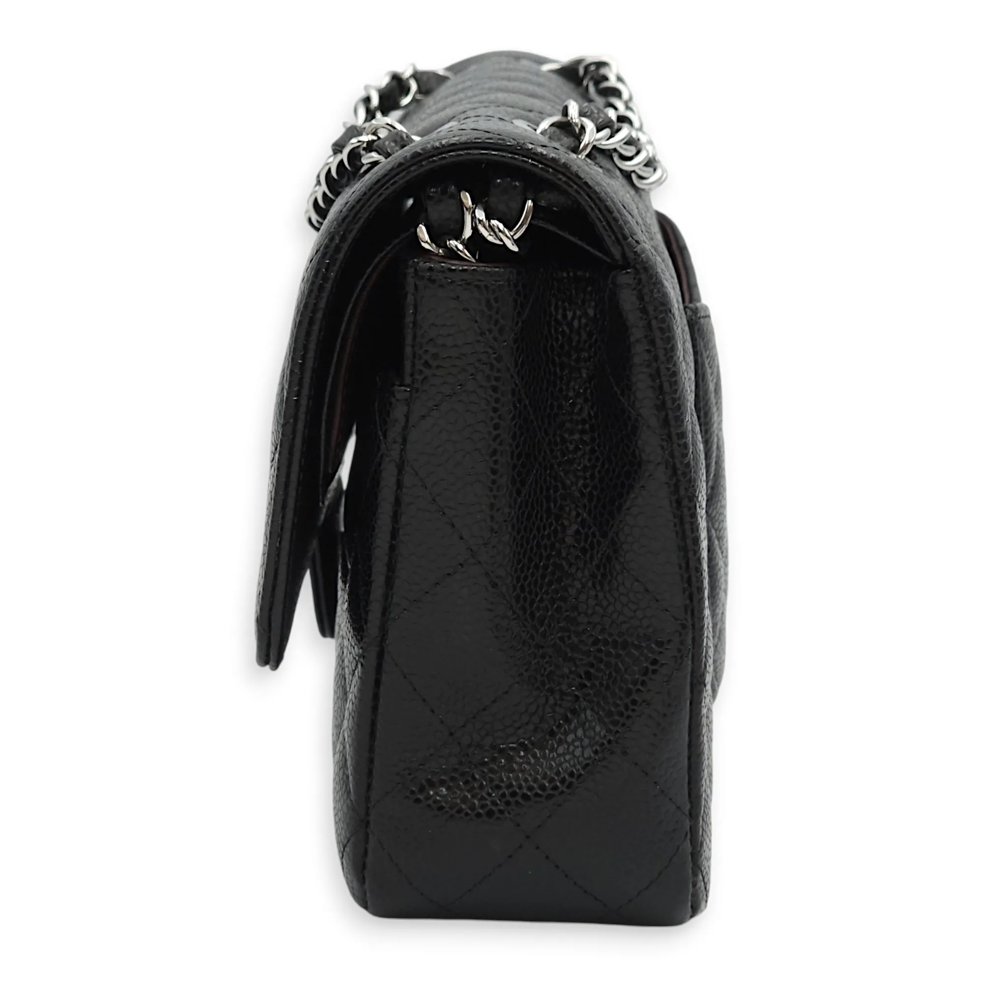 Classic Double Flap Medium Black Shoulder Bag in Caviar Leather, Silver hardware