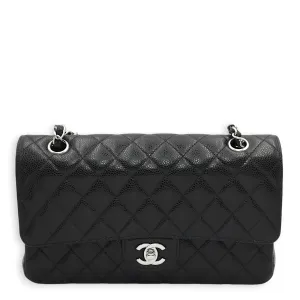 Classic Double Flap Medium Black Shoulder Bag in Caviar Leather, Silver hardware