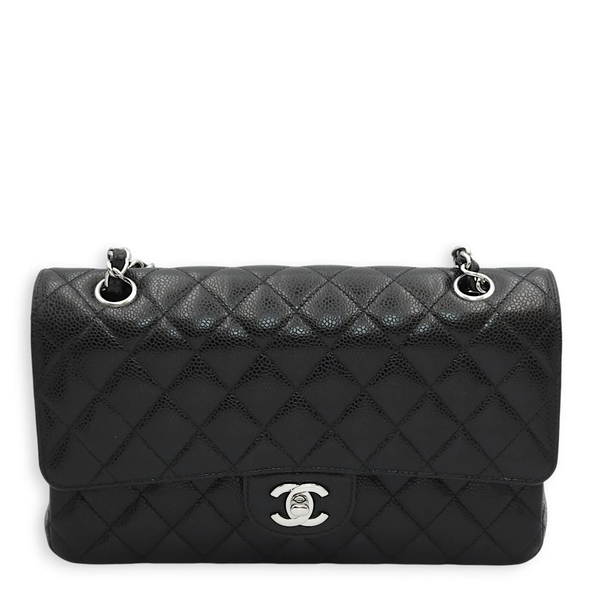 Classic Double Flap Medium Black Shoulder Bag in Caviar Leather, Silver hardware