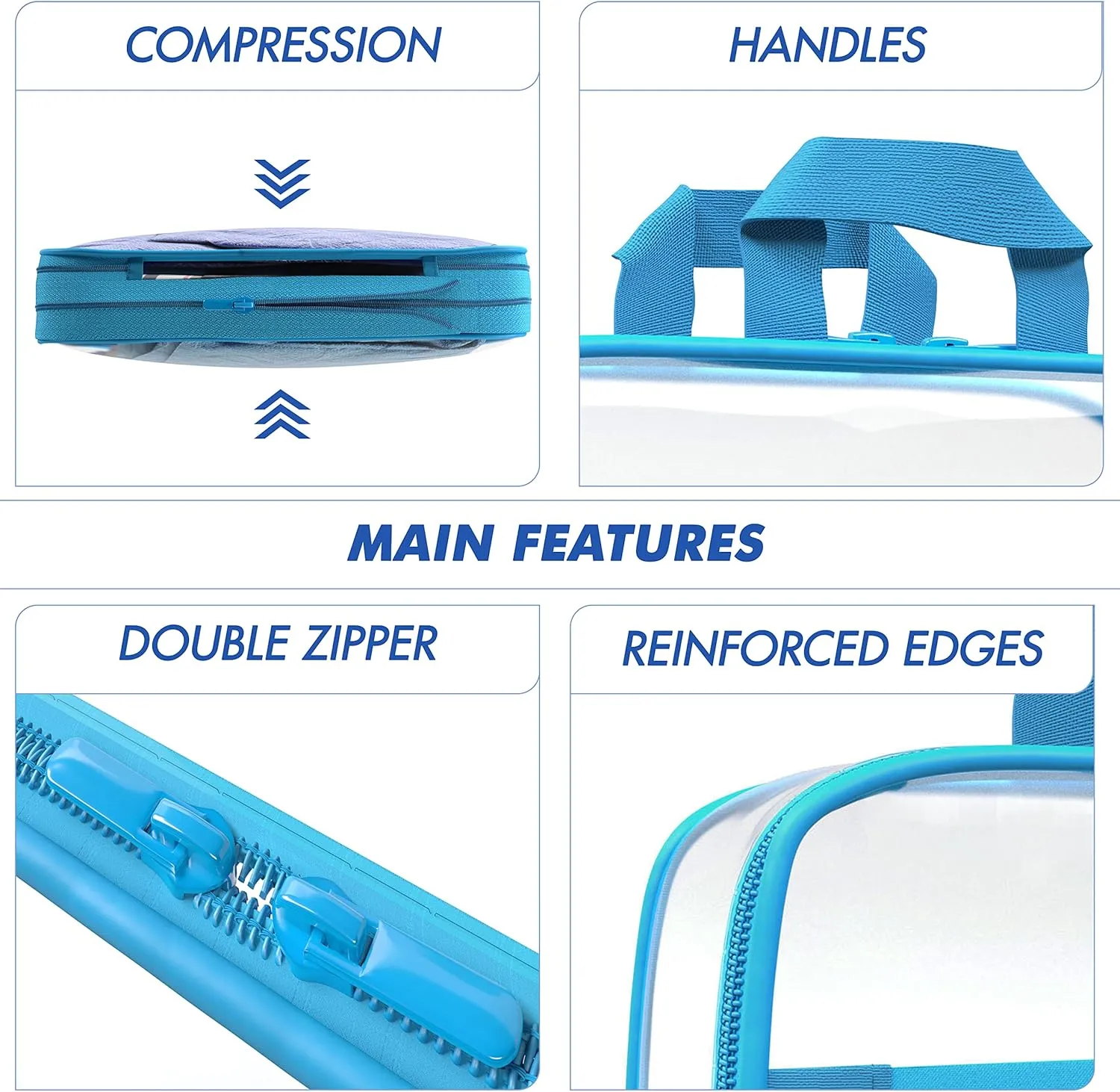 Clear Compression Packing Cubes 3 Set - Bags for Travel - Luggage Cube Organizer - Blue
