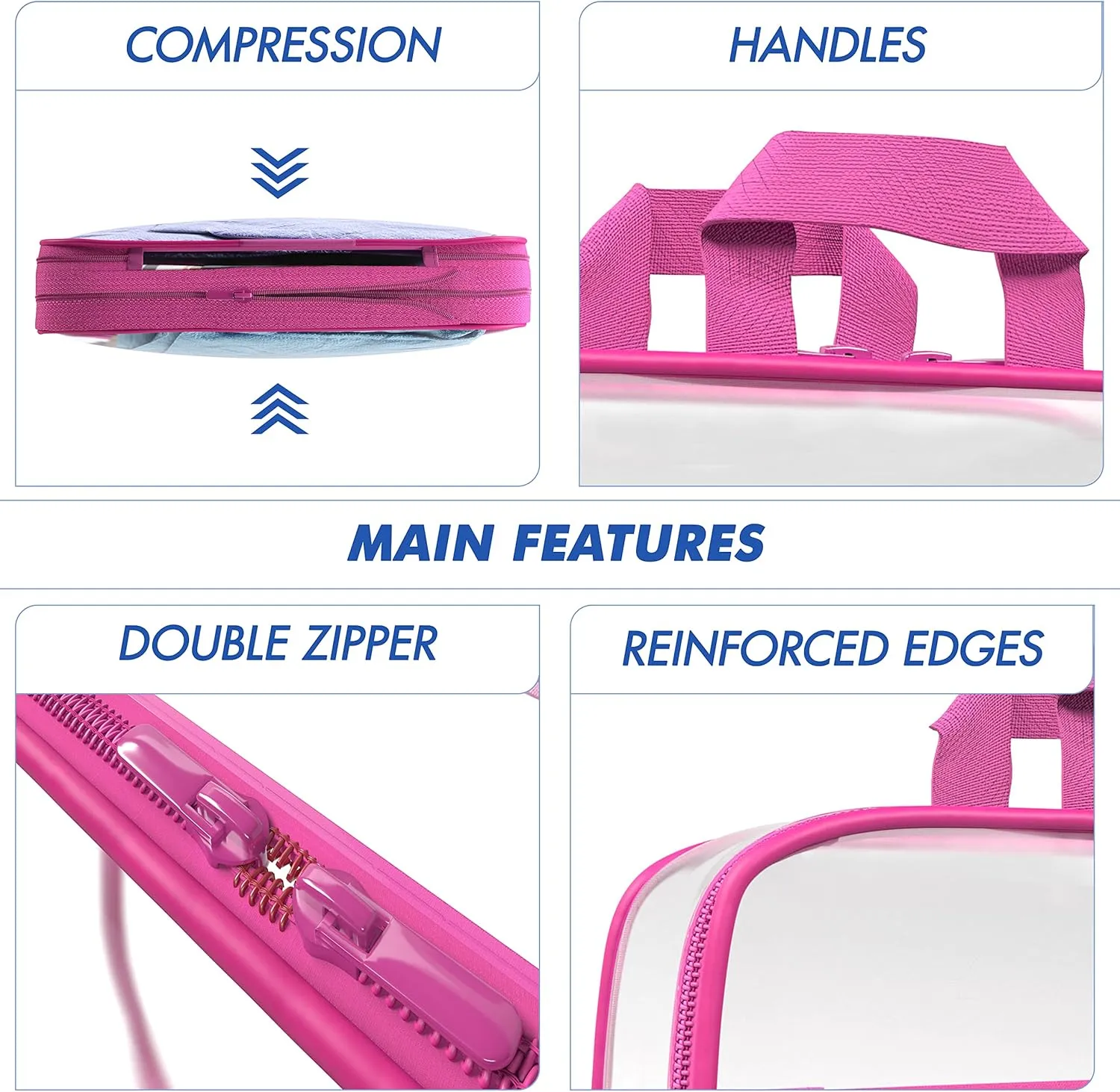 Clear Compression Packing Cubes 3 Set - Bags for Travel - Luggage Cube Organizer - Pink