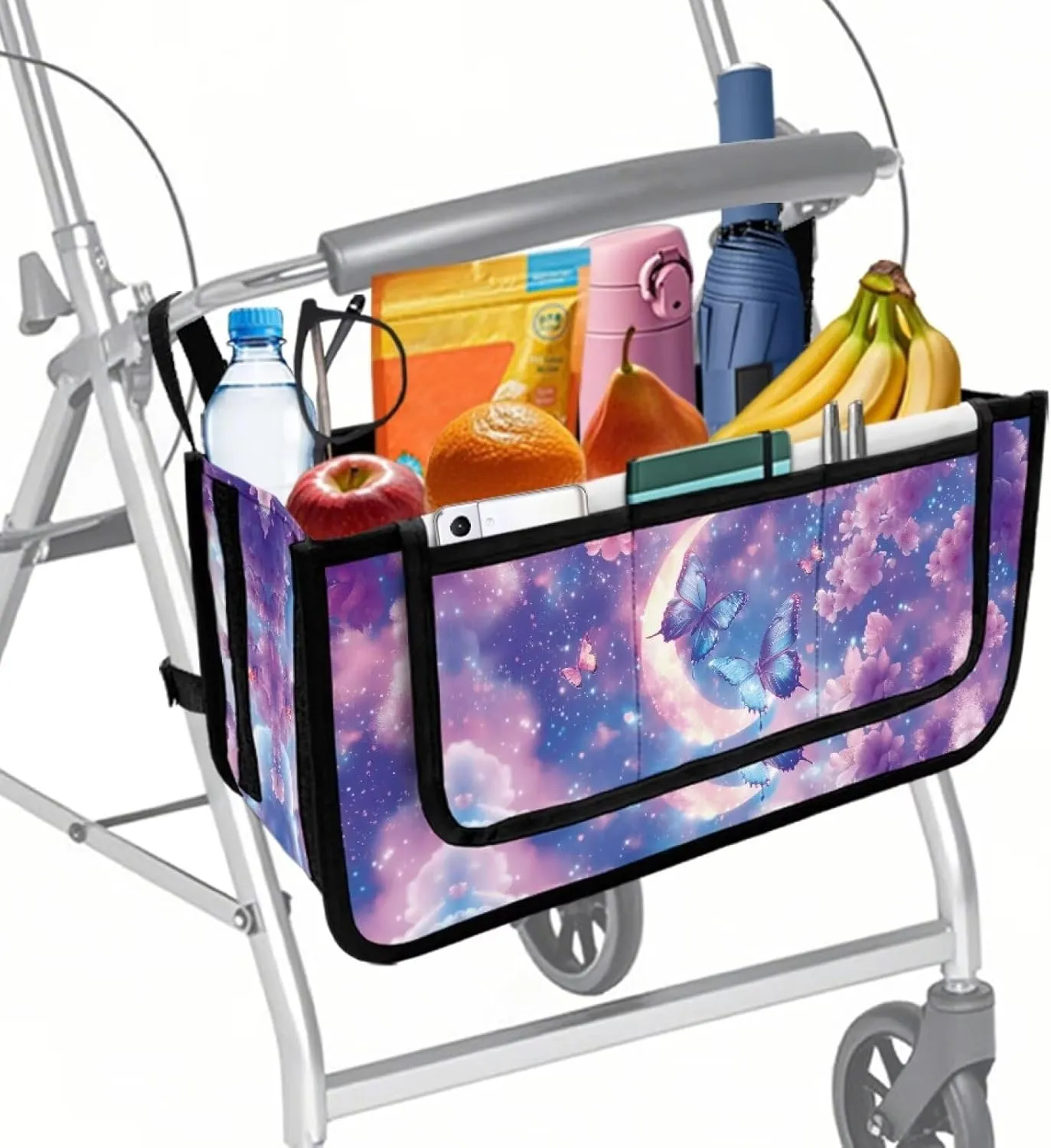 Cloud Moon and Butterfly Rollator Bag Tote Organizer for Universal Walkers Walker Bag Mobility Aid Accessory Pouch for Seniors in Assisted Living