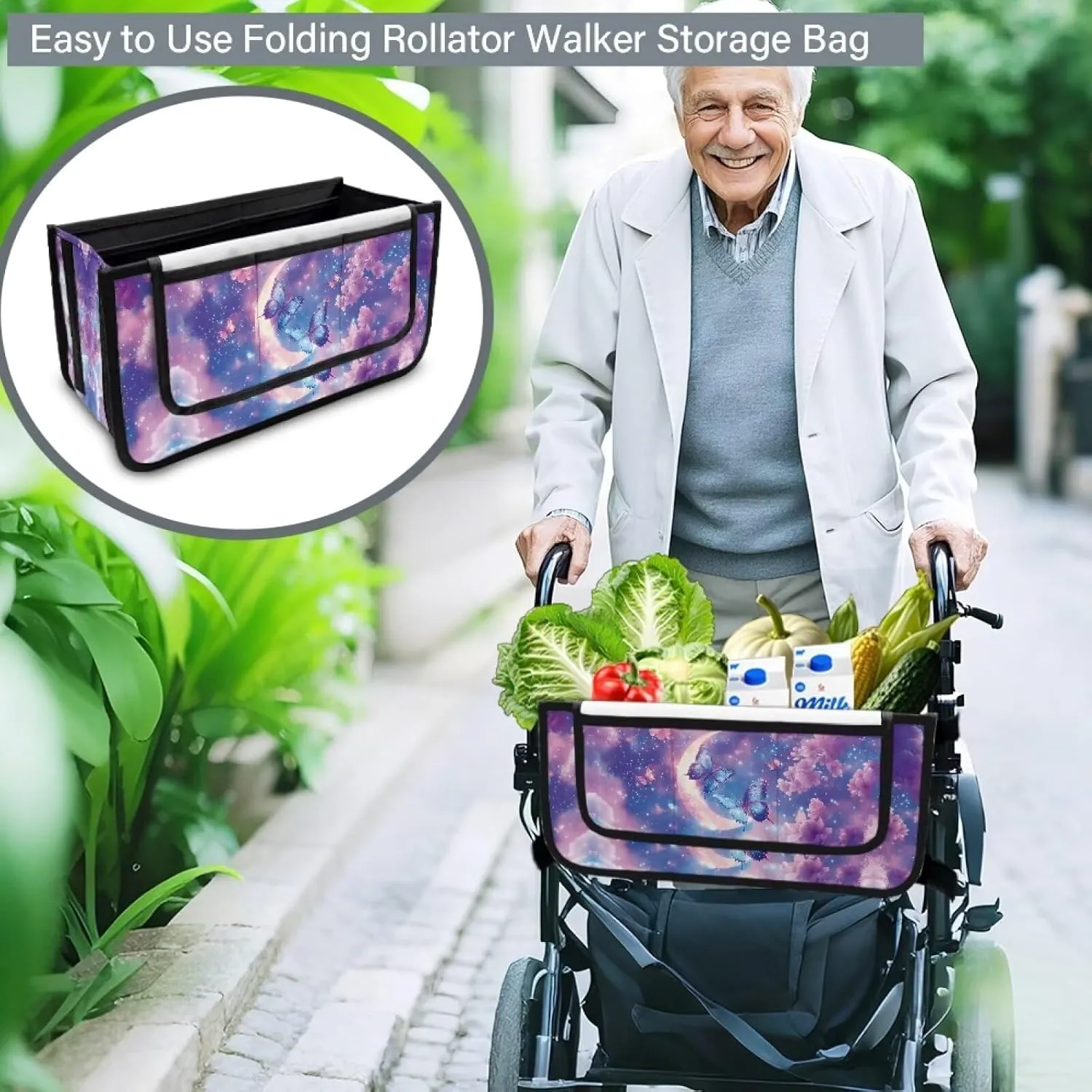 Cloud Moon and Butterfly Rollator Bag Tote Organizer for Universal Walkers Walker Bag Mobility Aid Accessory Pouch for Seniors in Assisted Living