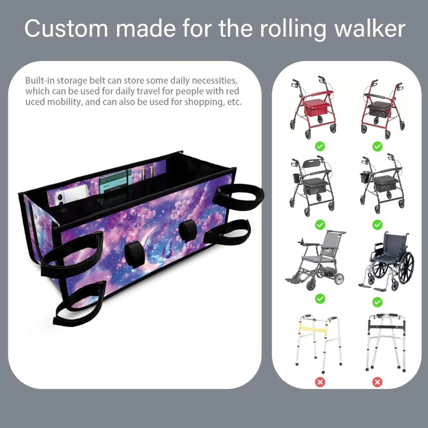 Cloud Moon and Butterfly Rollator Bag Tote Organizer for Universal Walkers Walker Bag Mobility Aid Accessory Pouch for Seniors in Assisted Living