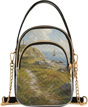 Coastal Lighthouse Sailboat Island Multi Pockets Crossbody Bags for Women Zip Cell Phone Purse Wallet Bag with Detachable Shoulder Strap Cross Body Handbag for Women Girls Trendy Shopping Gift