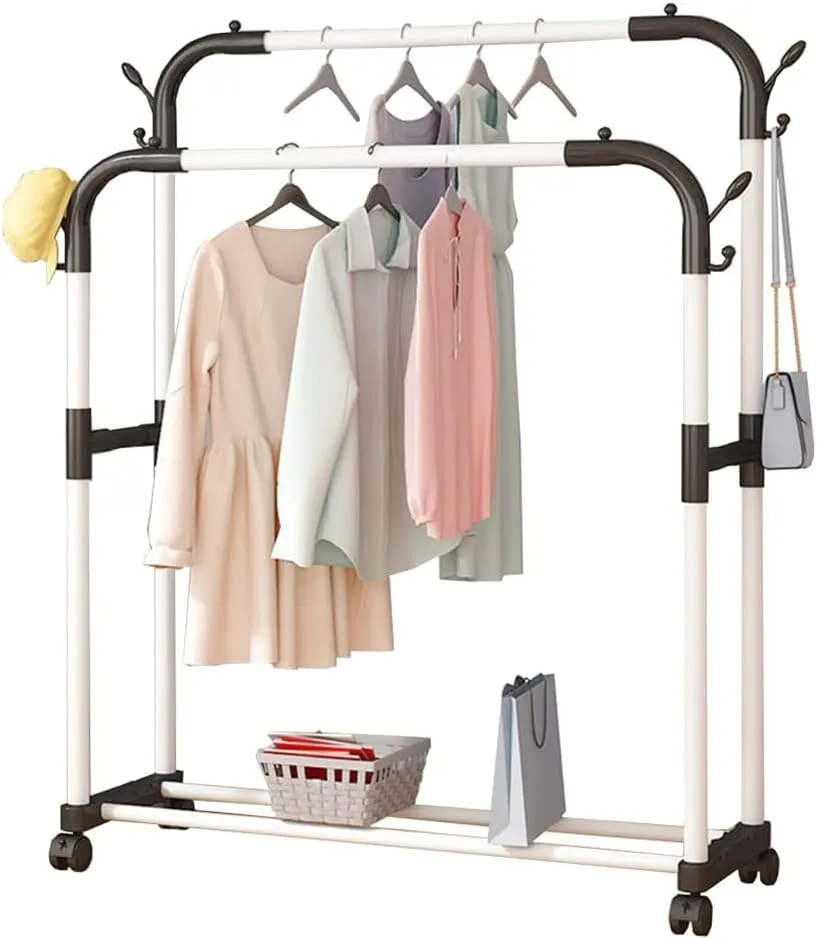 Coat Rack Stand，Wheeled Coat Rack With Double Rail, Metal Clothes Rack With 1 Storage Rack, Removable Coat Rack, Super Load-bearing, Can Put Clothes, Shoes, Hats, Bags, Etc,110 * 42 * 148cm, white ( S