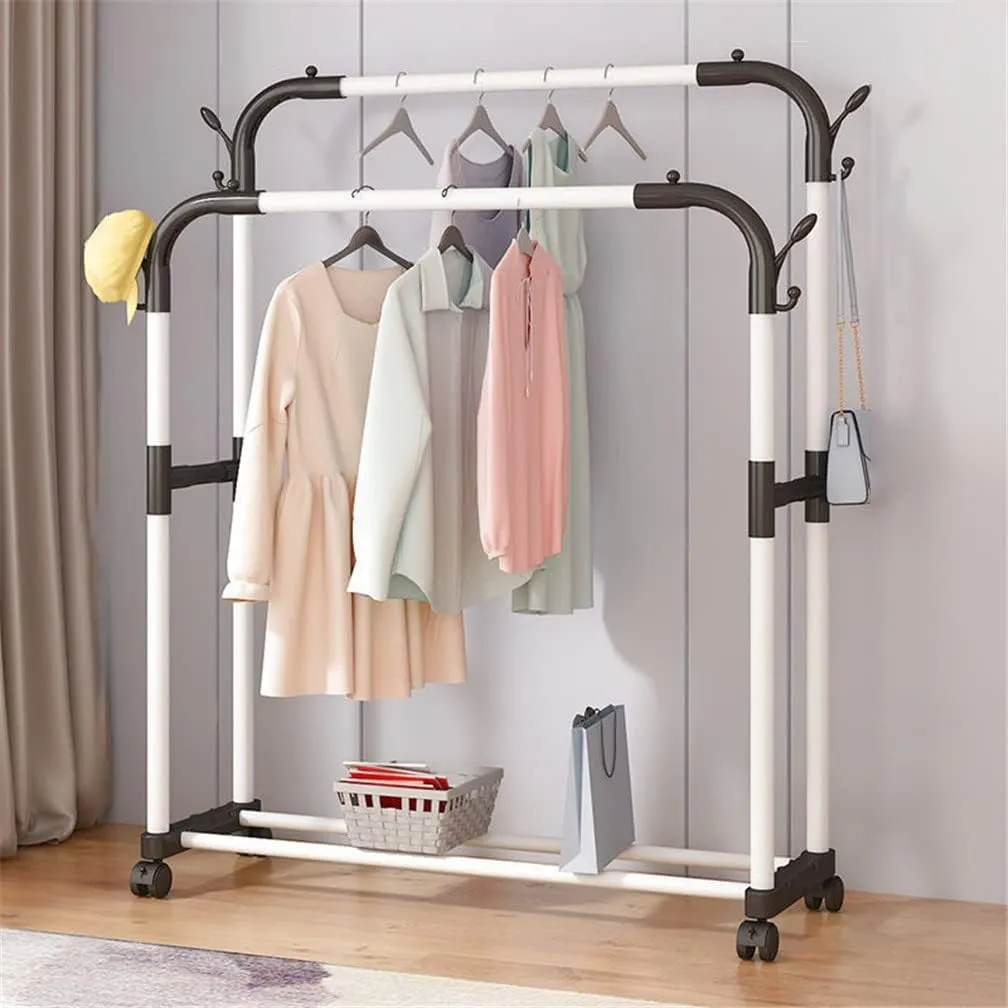 Coat Rack Stand，Wheeled Coat Rack With Double Rail, Metal Clothes Rack With 1 Storage Rack, Removable Coat Rack, Super Load-bearing, Can Put Clothes, Shoes, Hats, Bags, Etc,110 * 42 * 148cm, white ( S