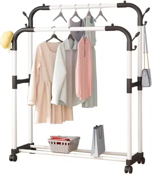 Coat Rack Stand，Wheeled Coat Rack With Double Rail, Metal Clothes Rack With 1 Storage Rack, Removable Coat Rack, Super Load-bearing, Can Put Clothes, Shoes, Hats, Bags, Etc,110 * 42 * 148cm, white ( S