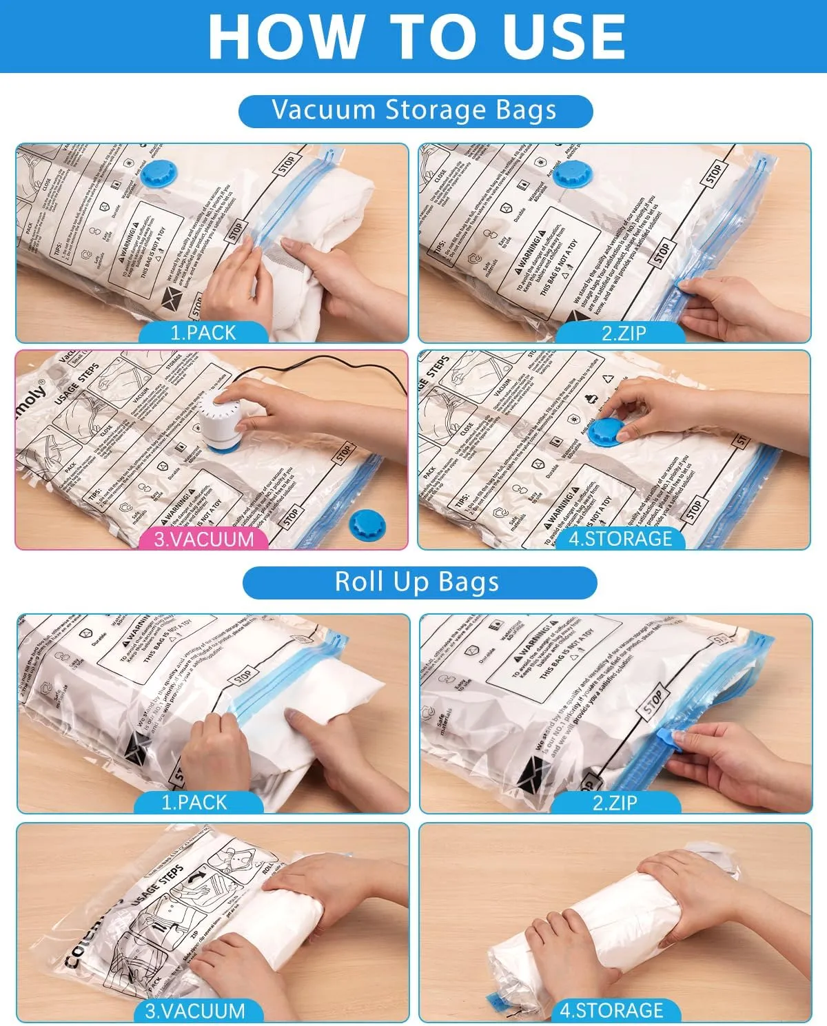 Colemoly Vacuum Storage Bags 18 Pack Vacuum Seal Bags Without Electric Pump Space Saver Storage Bags for travel, Storage and Organization (4 Jumbo/ 4 Large/ 3 Medium/ 3 Small/ 4 Roll Up)