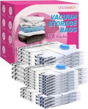 Colemoly Vacuum Storage Bags 18 Pack Vacuum Seal Bags Without Electric Pump Space Saver Storage Bags for travel, Storage and Organization (4 Jumbo/ 4 Large/ 3 Medium/ 3 Small/ 4 Roll Up)