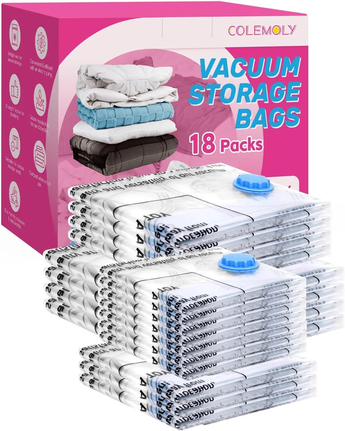 Colemoly Vacuum Storage Bags 18 Pack Vacuum Seal Bags Without Electric Pump Space Saver Storage Bags for travel, Storage and Organization (4 Jumbo/ 4 Large/ 3 Medium/ 3 Small/ 4 Roll Up)