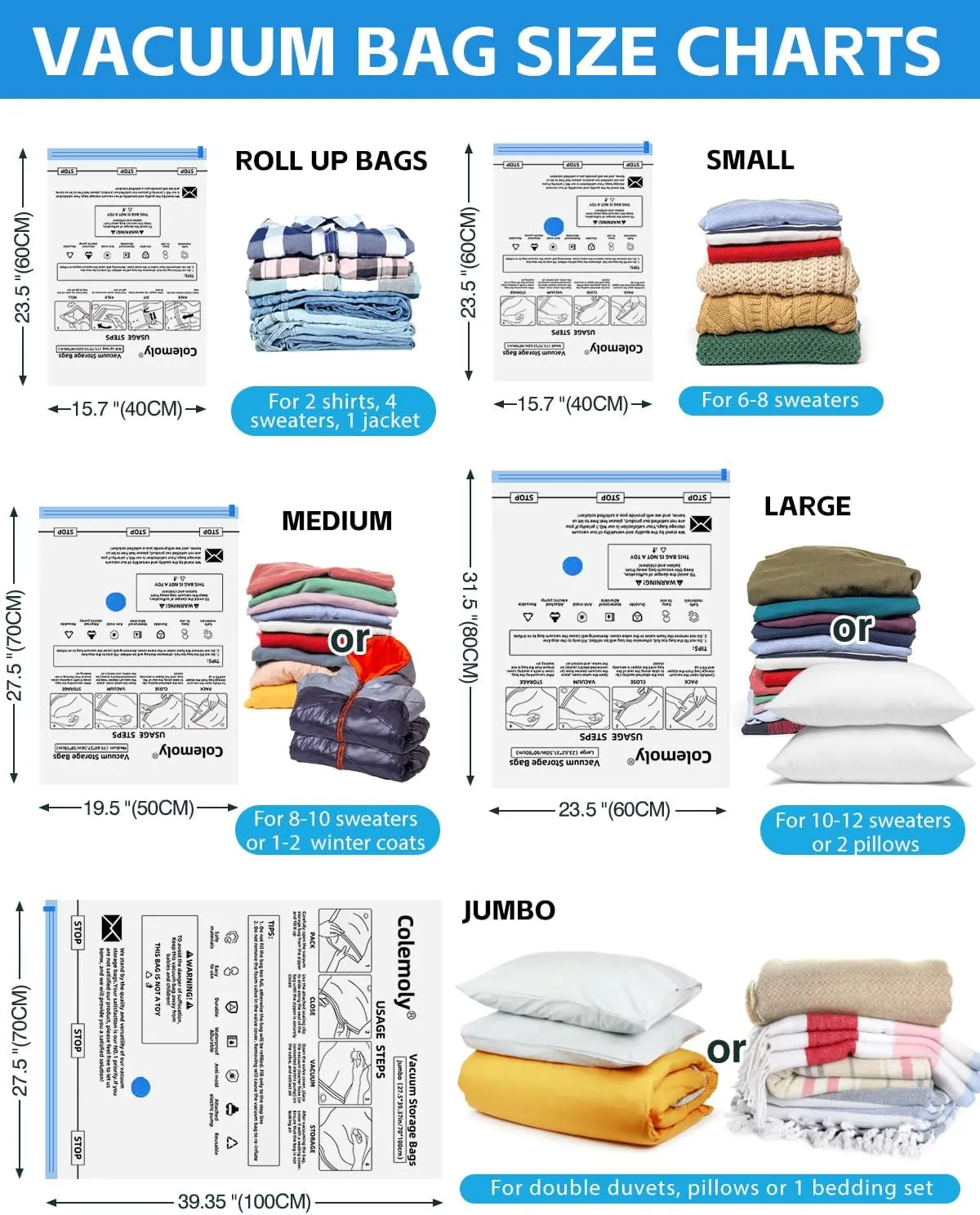 Colemoly Vacuum Storage Bags 18 Pack Vacuum Seal Bags Without Electric Pump Space Saver Storage Bags for travel, Storage and Organization (4 Jumbo/ 4 Large/ 3 Medium/ 3 Small/ 4 Roll Up)