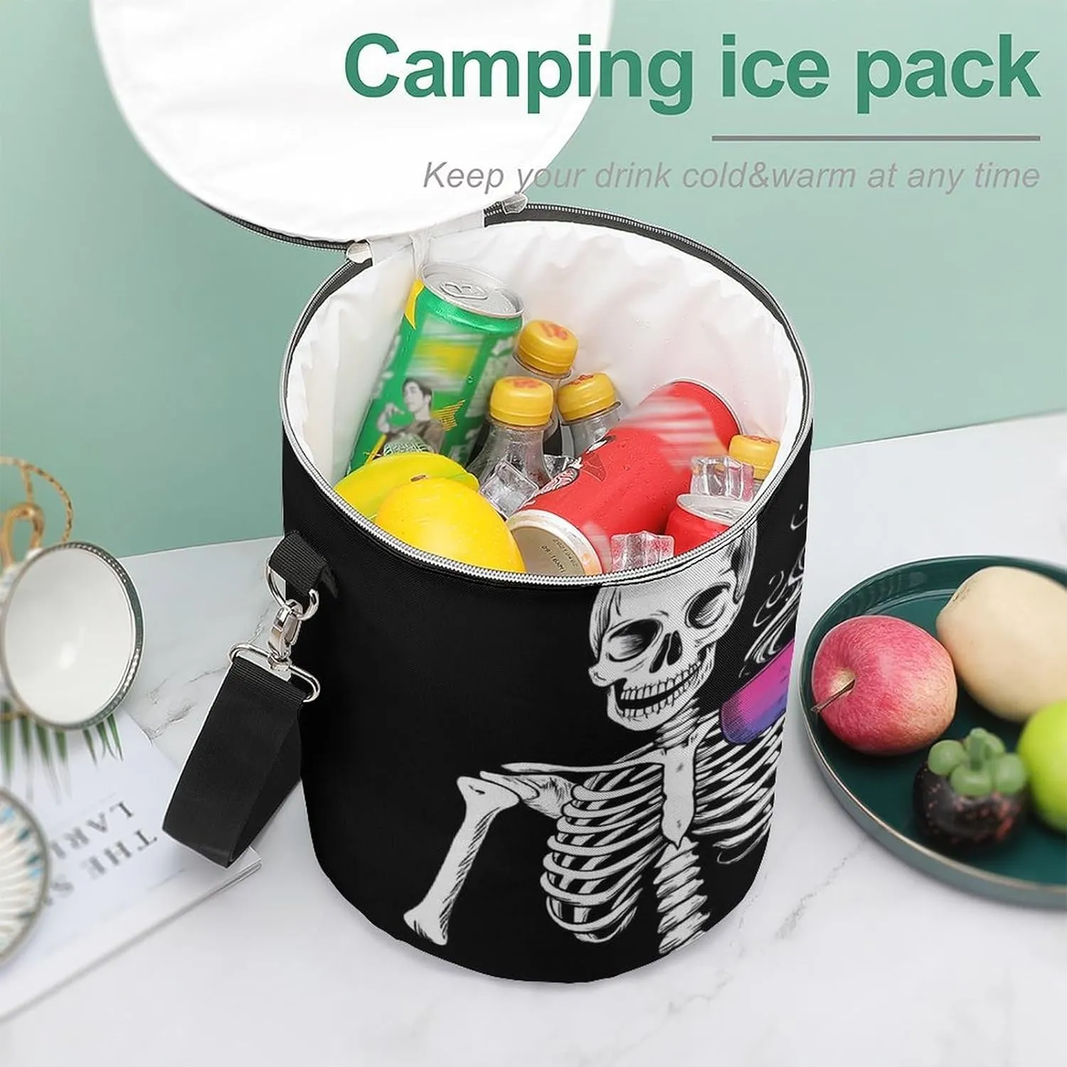 Collapsible Skull Skeleton Bisexual Pride Flag Art Lunch Backpack for Women, Large Capacity Cooler Bag for Camping Picnic Lunch Travel Outdoor Beach