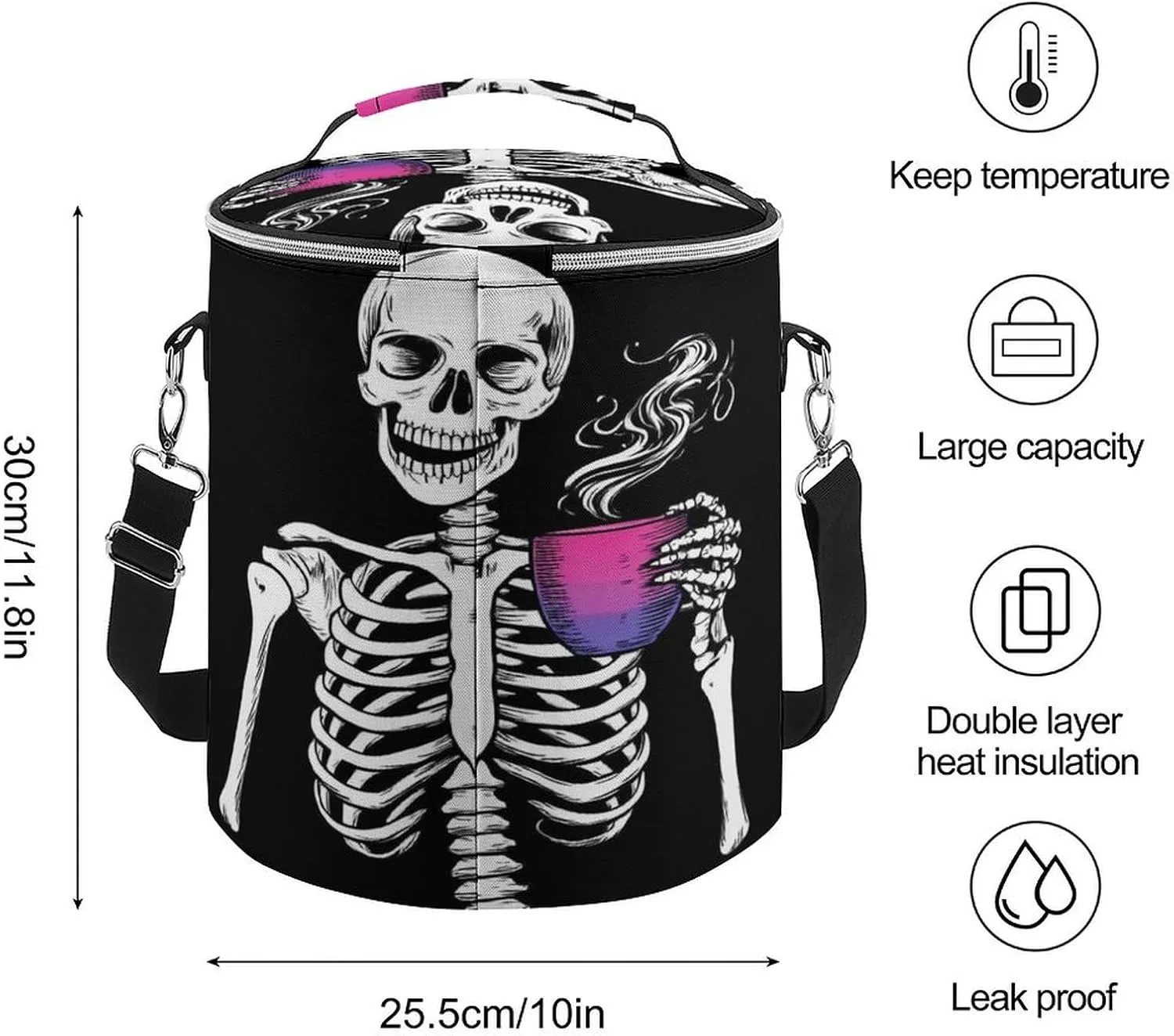 Collapsible Skull Skeleton Bisexual Pride Flag Art Lunch Backpack for Women, Large Capacity Cooler Bag for Camping Picnic Lunch Travel Outdoor Beach