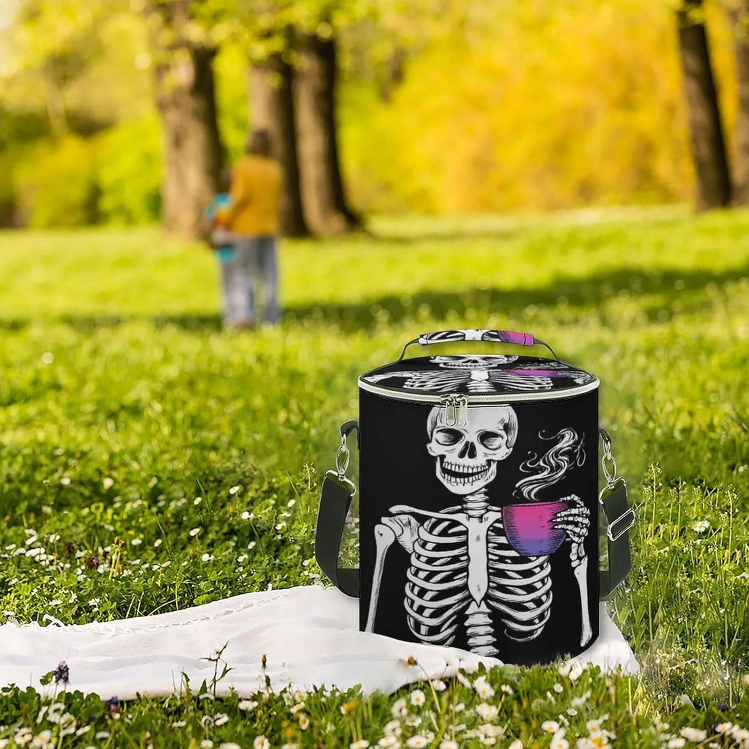 Collapsible Skull Skeleton Bisexual Pride Flag Art Lunch Backpack for Women, Large Capacity Cooler Bag for Camping Picnic Lunch Travel Outdoor Beach