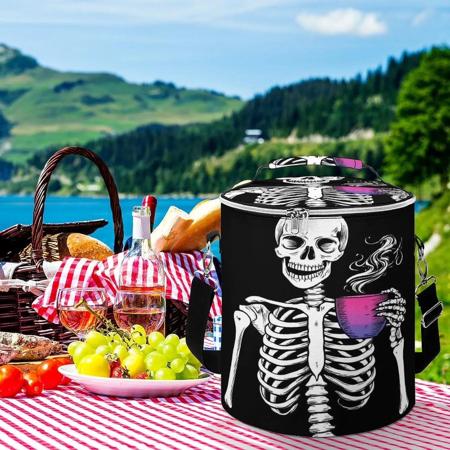 Collapsible Skull Skeleton Bisexual Pride Flag Art Lunch Backpack for Women, Large Capacity Cooler Bag for Camping Picnic Lunch Travel Outdoor Beach