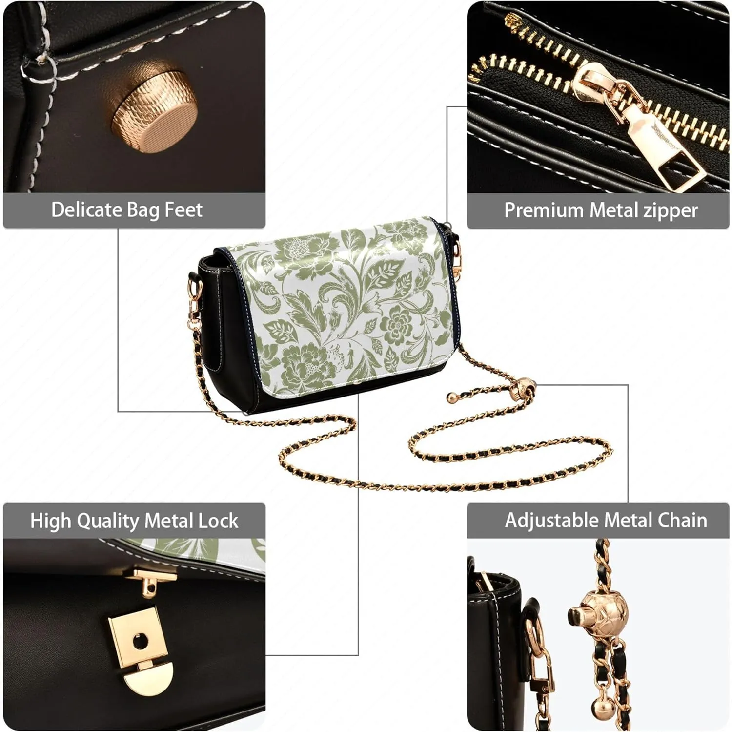 Colorful Flower Vivid Print Crossbody Purses for Women Black Shoulder Leather Bags Wallet Handbags with Chain Strap