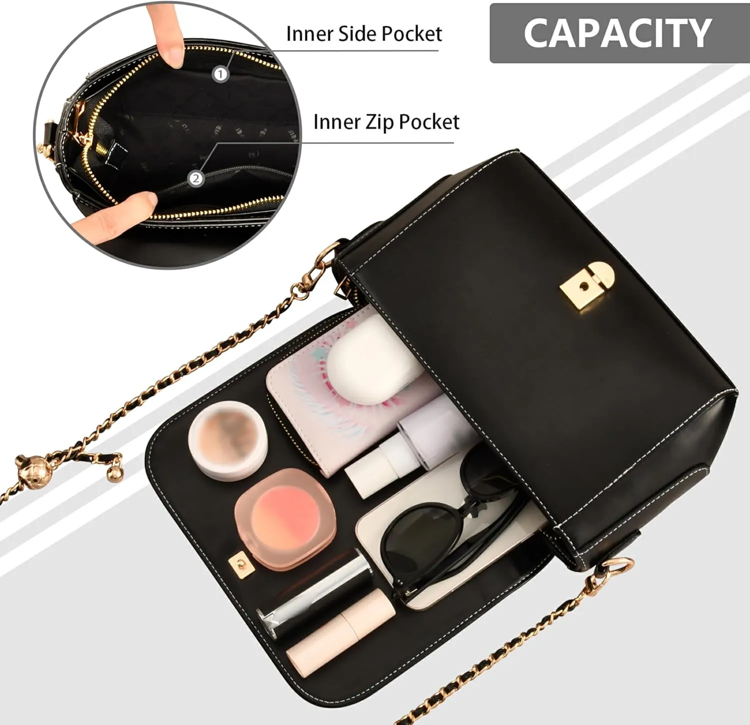 Colorful Flower Vivid Print Crossbody Purses for Women Black Shoulder Leather Bags Wallet Handbags with Chain Strap