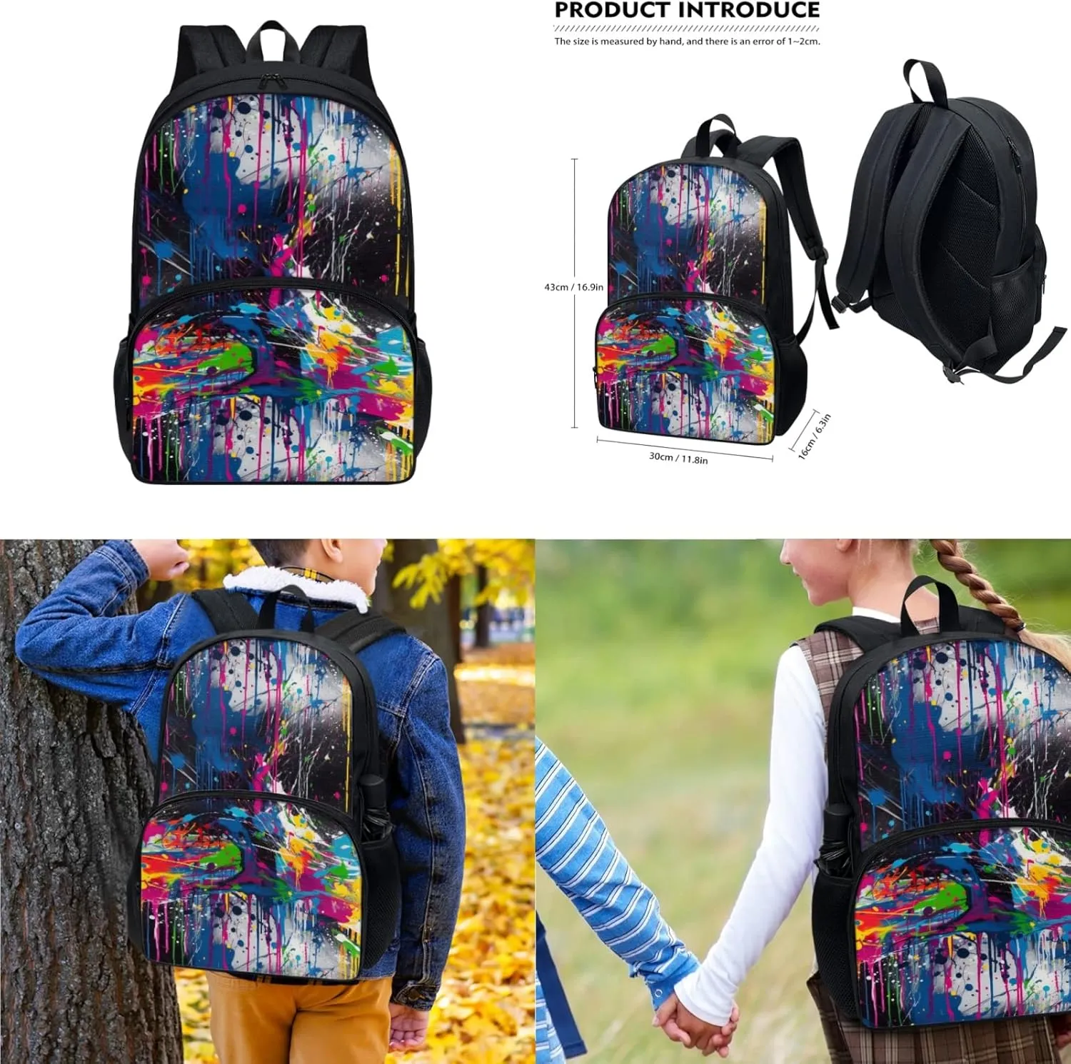 Colorful Splash Art 3pcs Kids Backpack Middle School Teenager Gifts Fluid Painting Rainbow Men & Women Fits 12 inch laptop Bag Lunch Bag Pencil Case