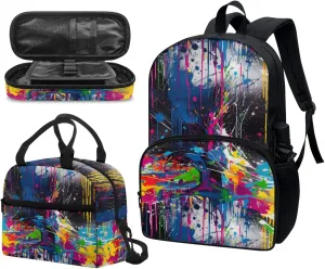 Colorful Splash Art 3pcs Kids Backpack Middle School Teenager Gifts Fluid Painting Rainbow Men & Women Fits 12 inch laptop Bag Lunch Bag Pencil Case