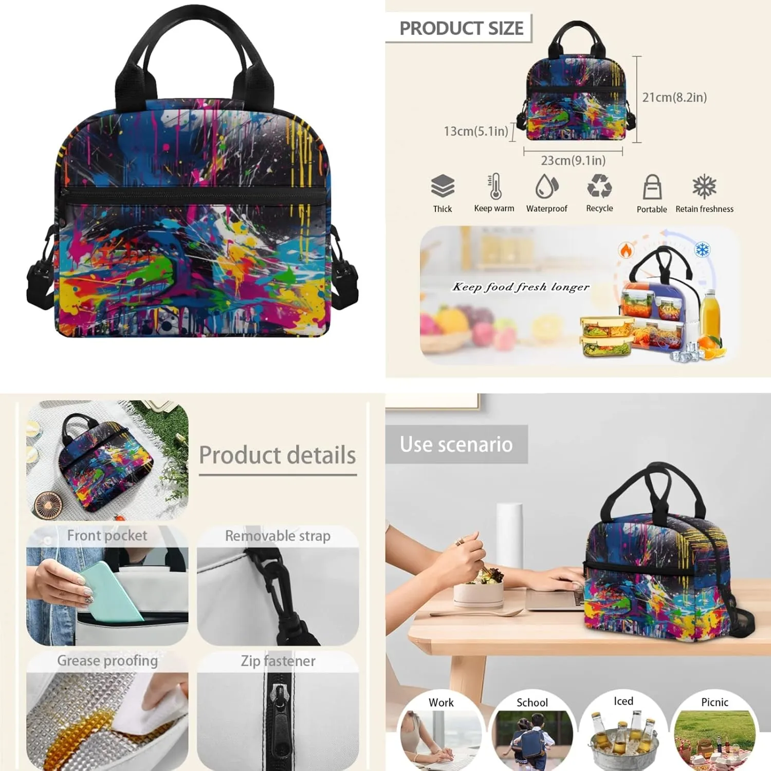 Colorful Splash Art 3pcs Kids Backpack Middle School Teenager Gifts Fluid Painting Rainbow Men & Women Fits 12 inch laptop Bag Lunch Bag Pencil Case