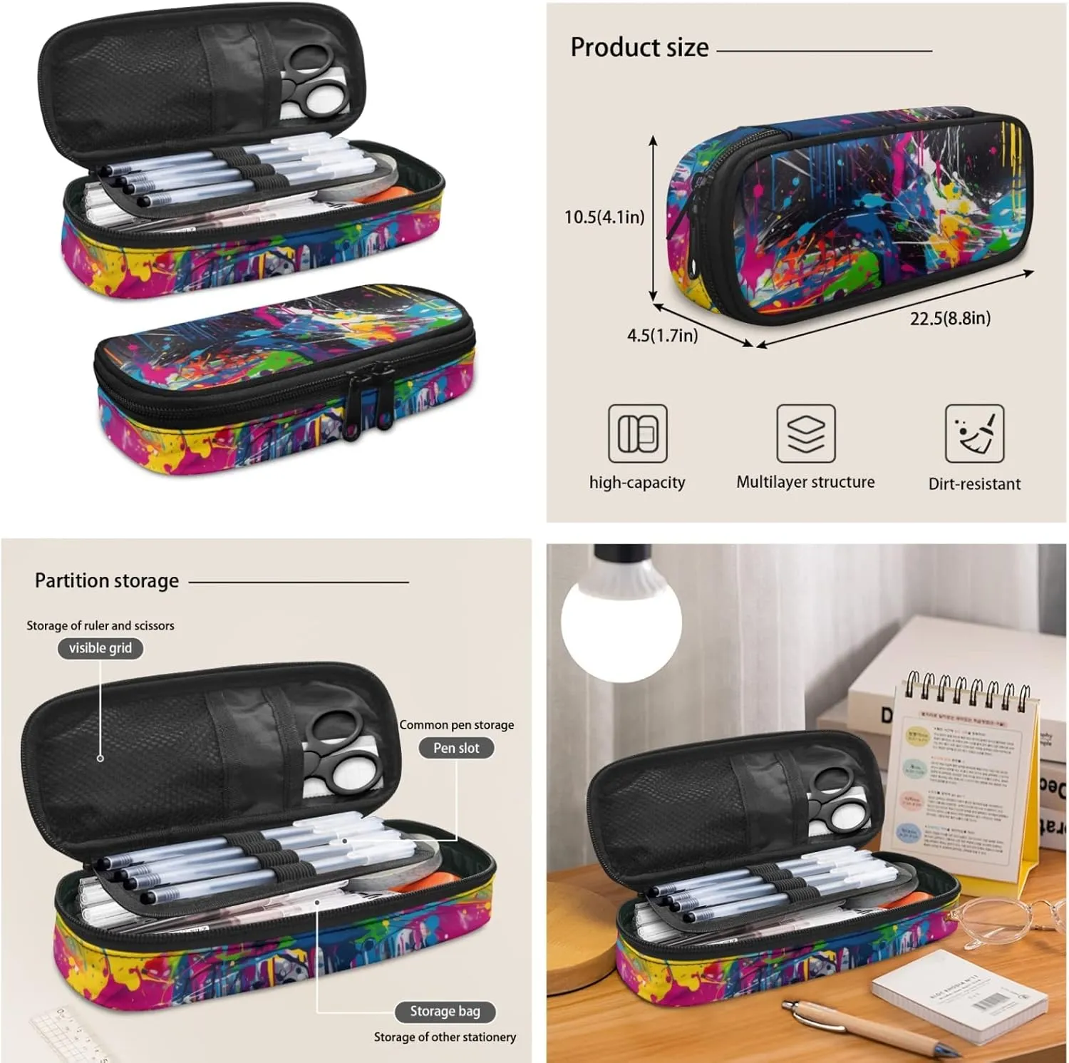 Colorful Splash Art 3pcs Kids Backpack Middle School Teenager Gifts Fluid Painting Rainbow Men & Women Fits 12 inch laptop Bag Lunch Bag Pencil Case