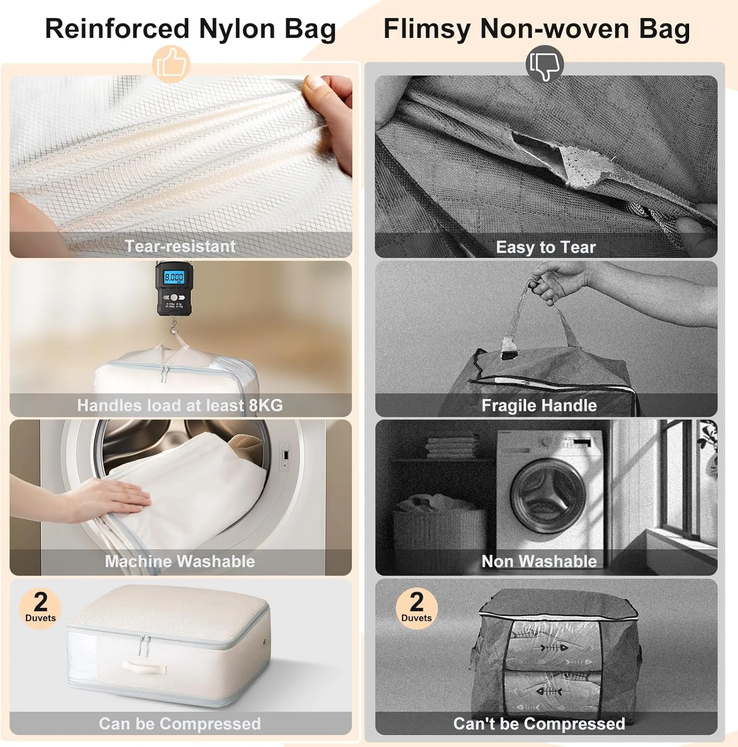 Comforter Storage Bag - Large Capacity Blanket Storage Bags 3-Layer Ultra Space Saving Self Compression Organizer, Washable Compression Bags for Storage Comforter Blanket, 2-Pack, Beige