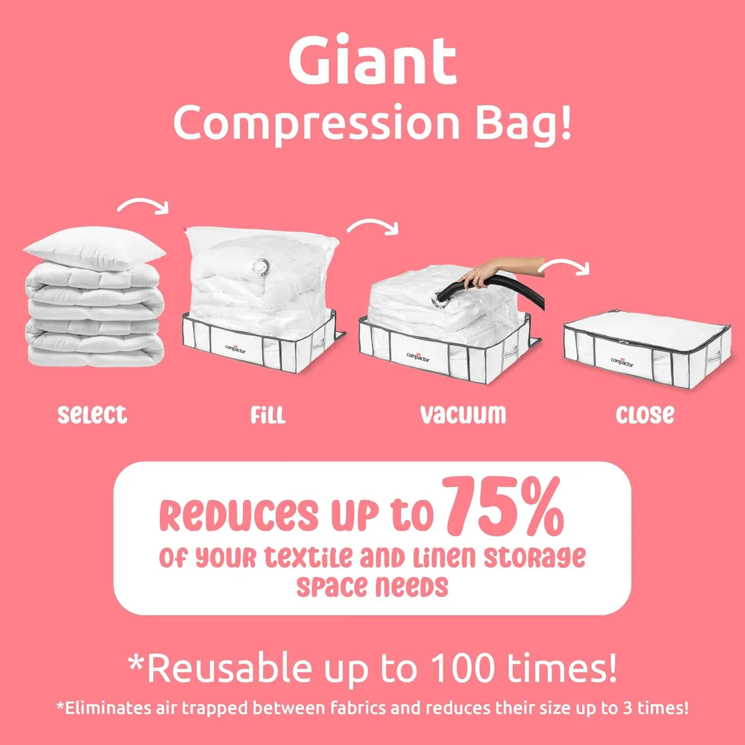 Compactor Vacuum Storage Bag XL | Space Saver Vacuum Storage Bags for Clothes, Comforters & Blankets | Ultimate Storage Solution for Wardrobe | White Semi-Rigid Box |