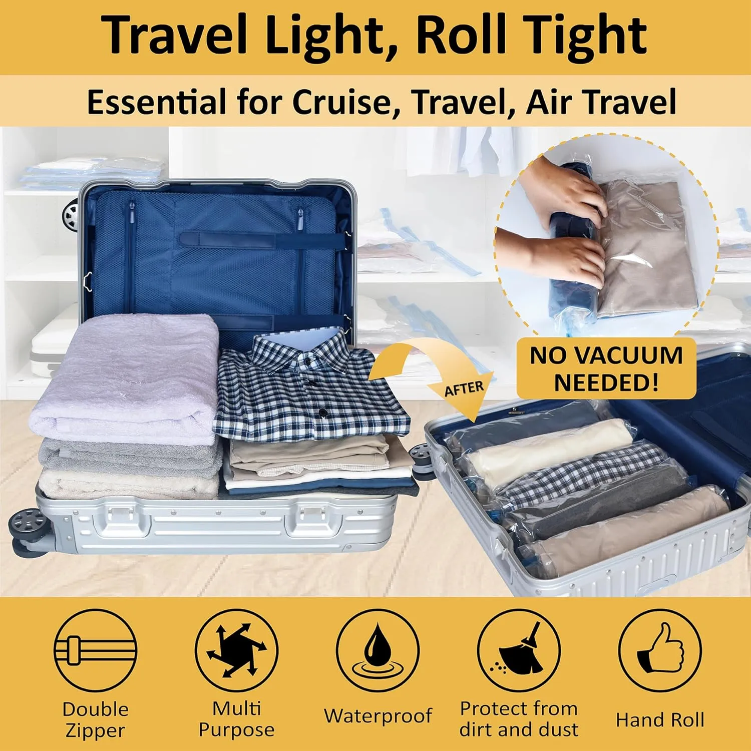 Compression Bags for Travel - Travel Essentials - 12 Pack Space Saver Bags - No Vacuum Needed - Compression Packing Bags for Cruise Accessories