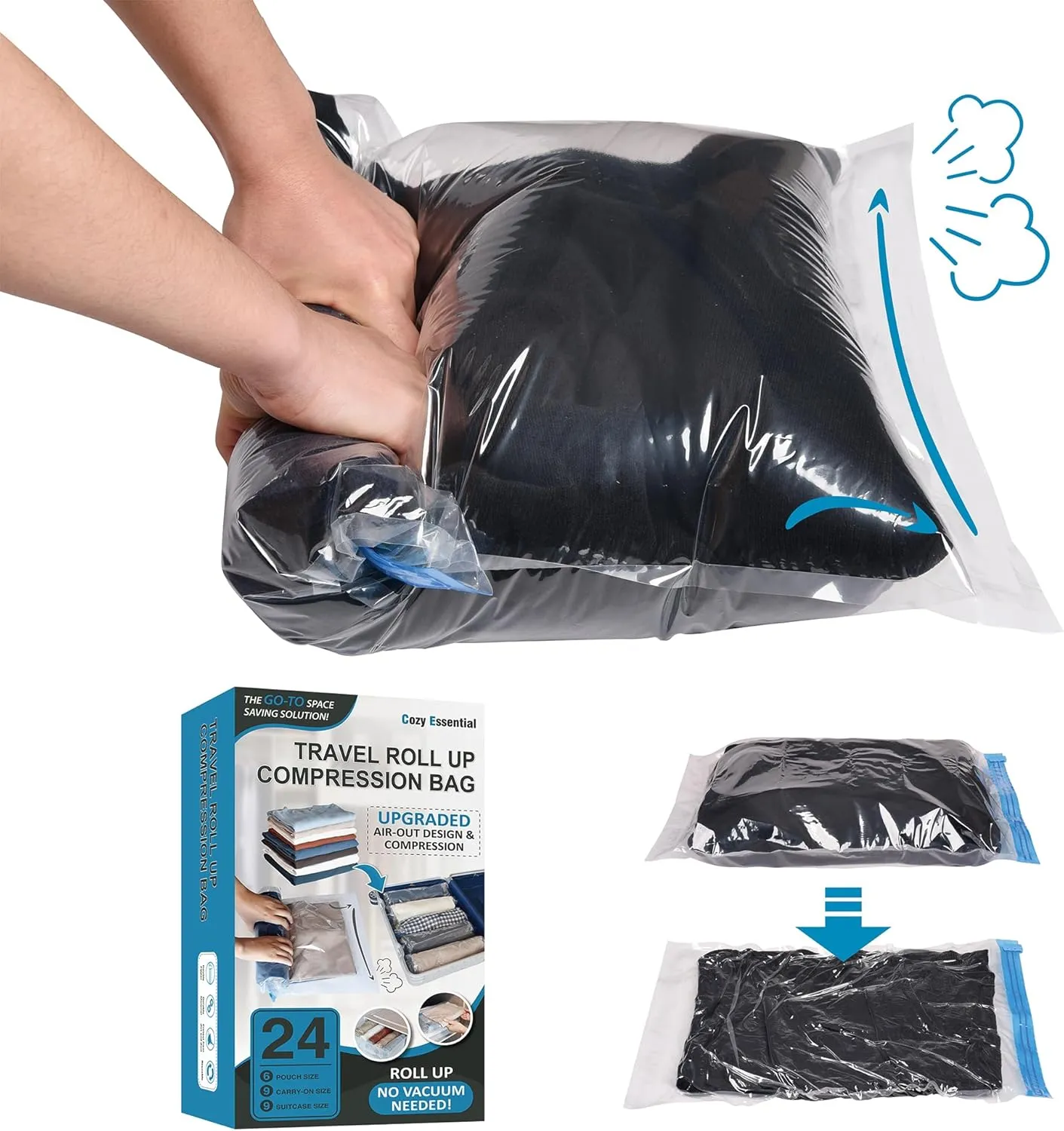 Compression Bags for Travel - Travel Essentials - 24 Pack Space Saver Bags - No Vacuum Needed - Compression Packing Bags for Cruise Accessories