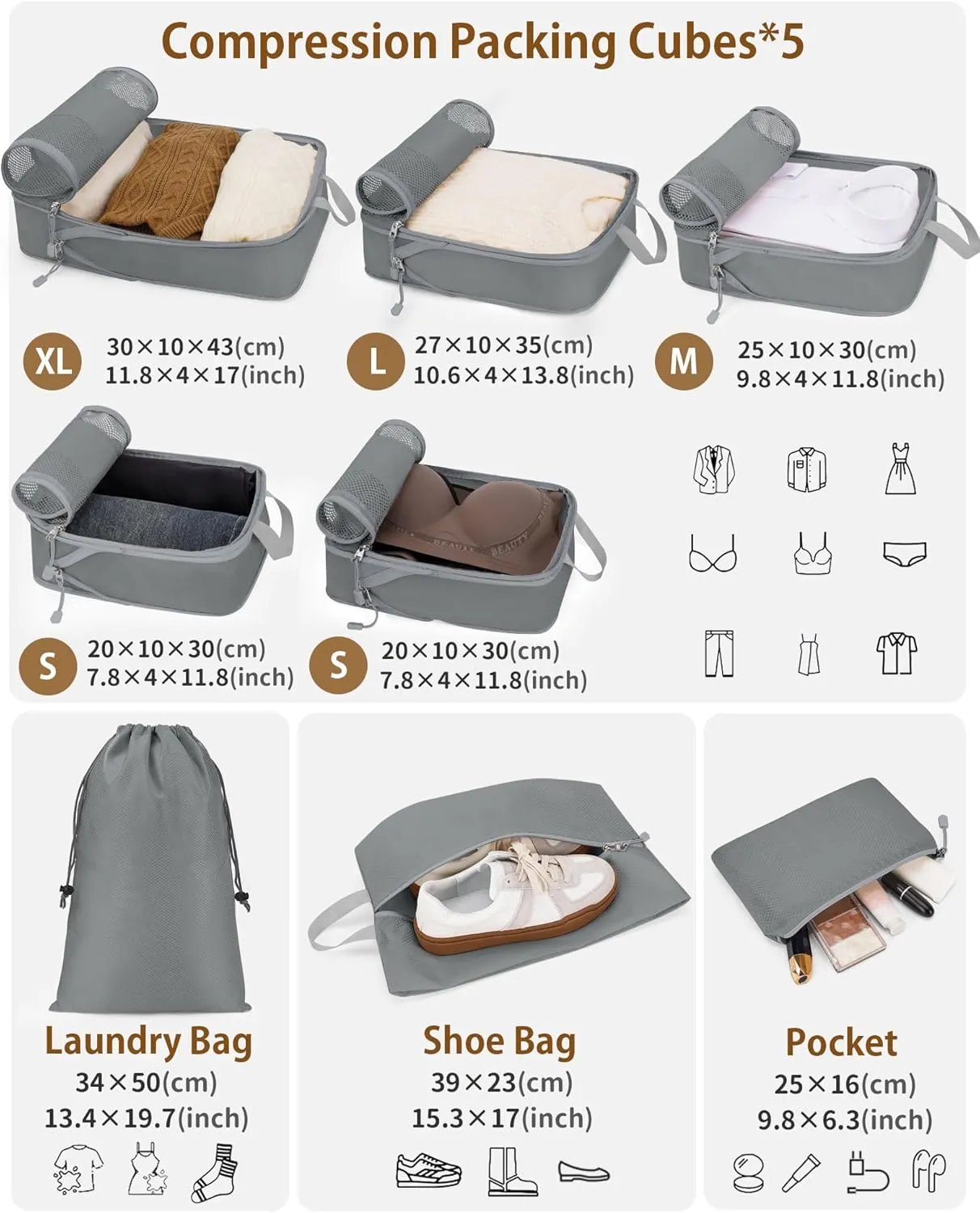 Compression Packing Cubes 8 Sets, Packing Organizers, Extensible Suitcase Organiser Bags, Travel Organizer Cubes for Travel Essentials Grey