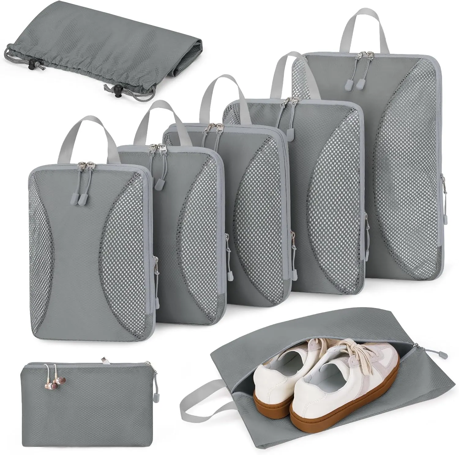 Compression Packing Cubes 8 Sets, Packing Organizers, Extensible Suitcase Organiser Bags, Travel Organizer Cubes for Travel Essentials Grey