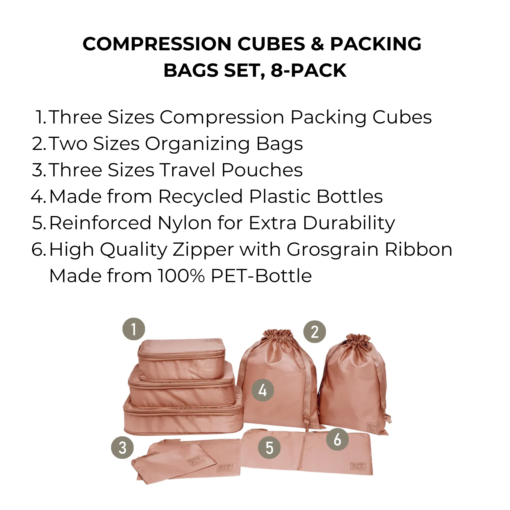 Compression Packing Cubes & Packing Bags – Recycled Nylon – 8 pc – Pink/Blush