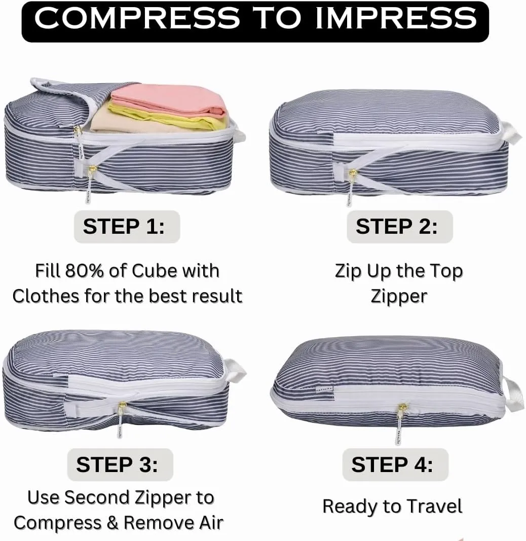 Compression Packing Cubes for Carry On Luggage - Ultralight Water Resistant Suitcase Organizer & Space Saver Bags for Travel with Drawstring Backpack/Laundry Bag, 6pc Set - Grey Stripe