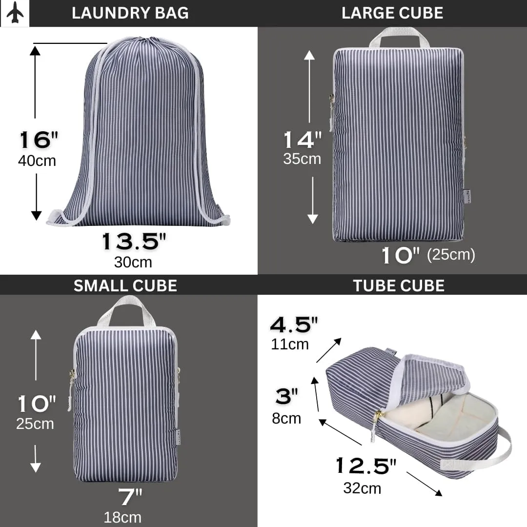 Compression Packing Cubes for Carry On Luggage - Ultralight Water Resistant Suitcase Organizer & Space Saver Bags for Travel with Drawstring Backpack/Laundry Bag, 6pc Set - Grey Stripe