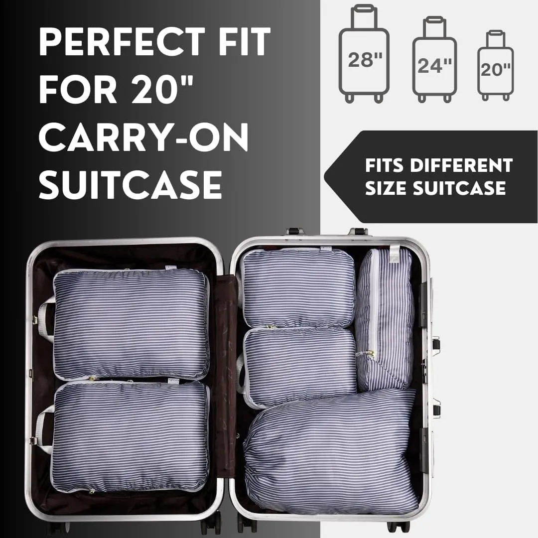 Compression Packing Cubes for Carry On Luggage - Ultralight Water Resistant Suitcase Organizer & Space Saver Bags for Travel with Drawstring Backpack/Laundry Bag, 6pc Set - Grey Stripe