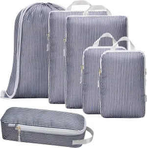 Compression Packing Cubes for Carry On Luggage - Ultralight Water Resistant Suitcase Organizer & Space Saver Bags for Travel with Drawstring Backpack/Laundry Bag, 6pc Set - Grey Stripe